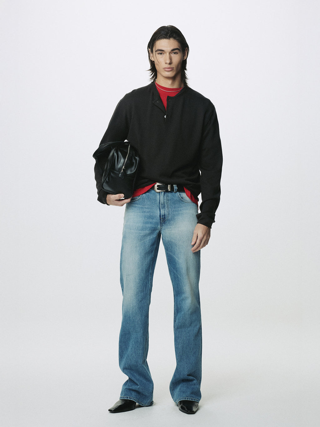 EXTRA FINE WOOL RAW HEM HENLEY NECK KNIT_ ANTHRACITE