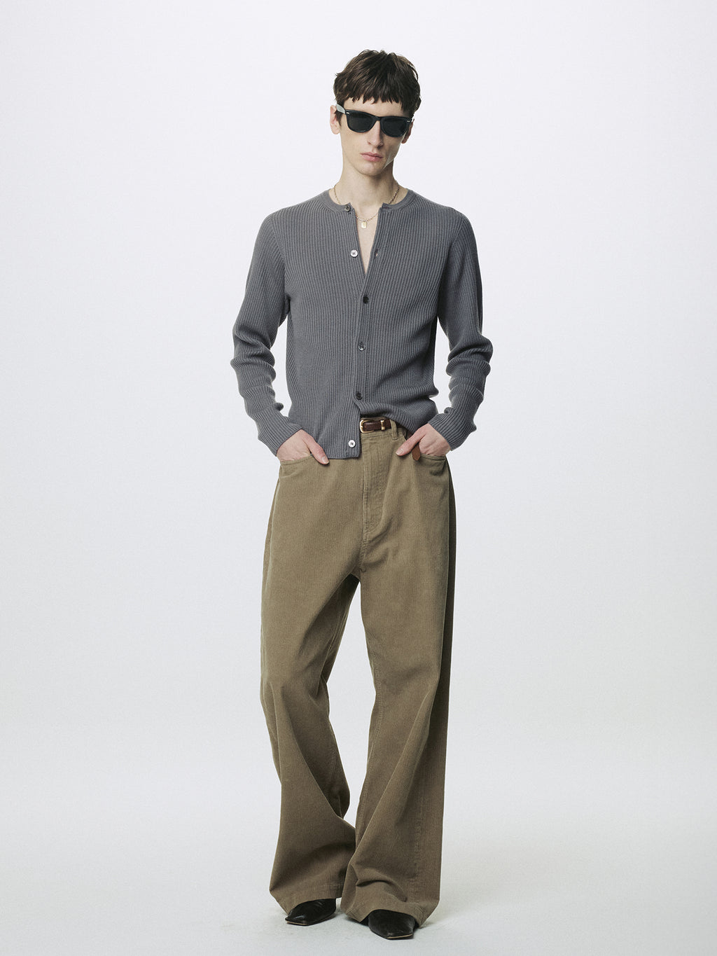SUPER FINE MERINO WOOL RIBBED CARDIGAN_ CARBON GREY