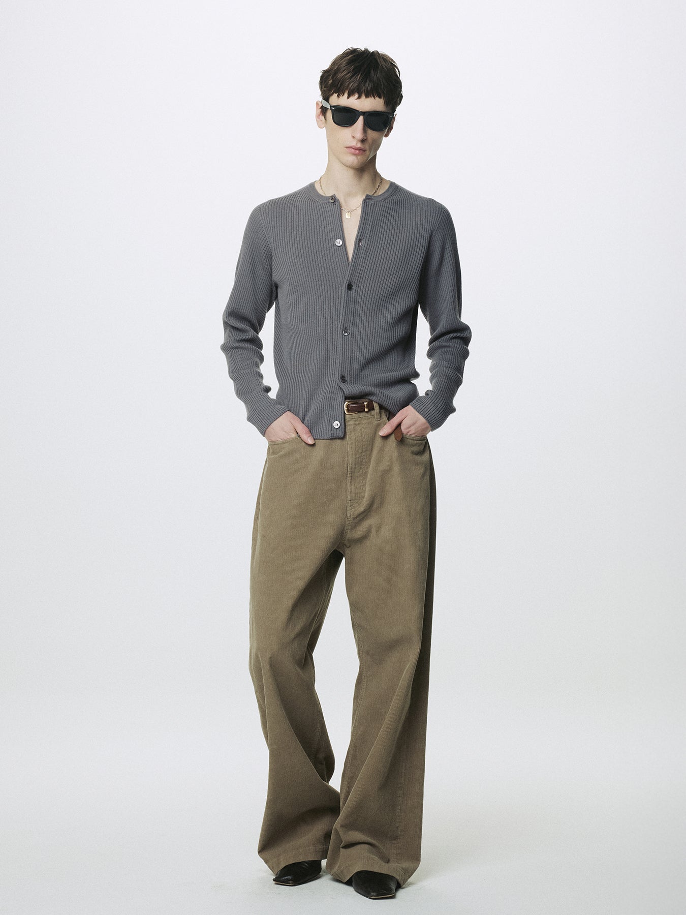 SUPER FINE MERINO WOOL RIBBED CARDIGAN_ CARBON GREY