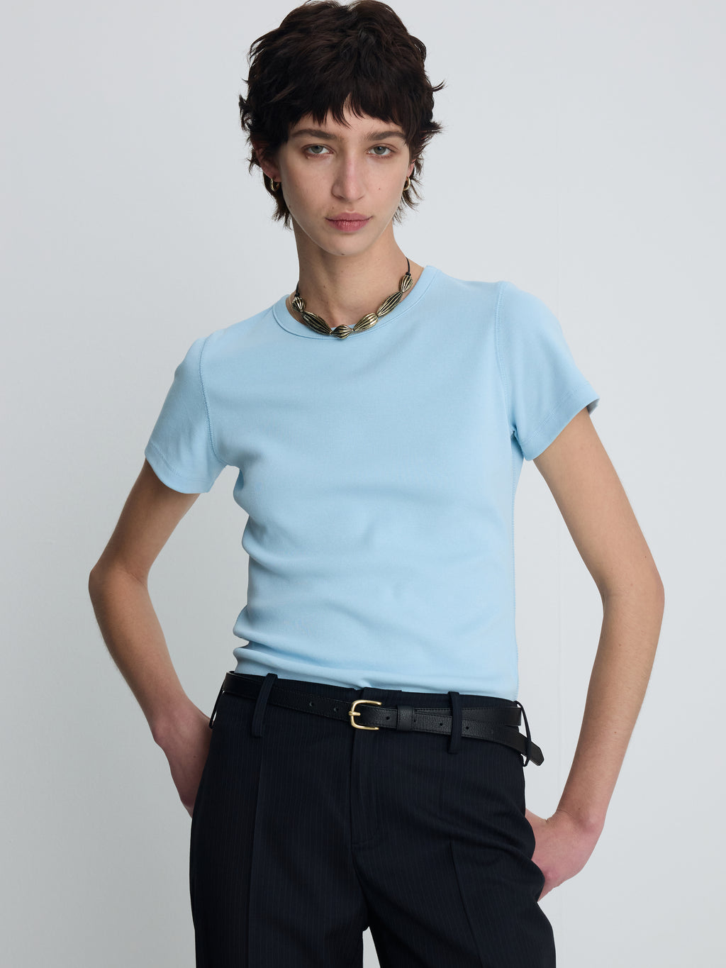 (W) RIBBED HALF SLEEVE T-SHIRTS_ LIGHT BLUE