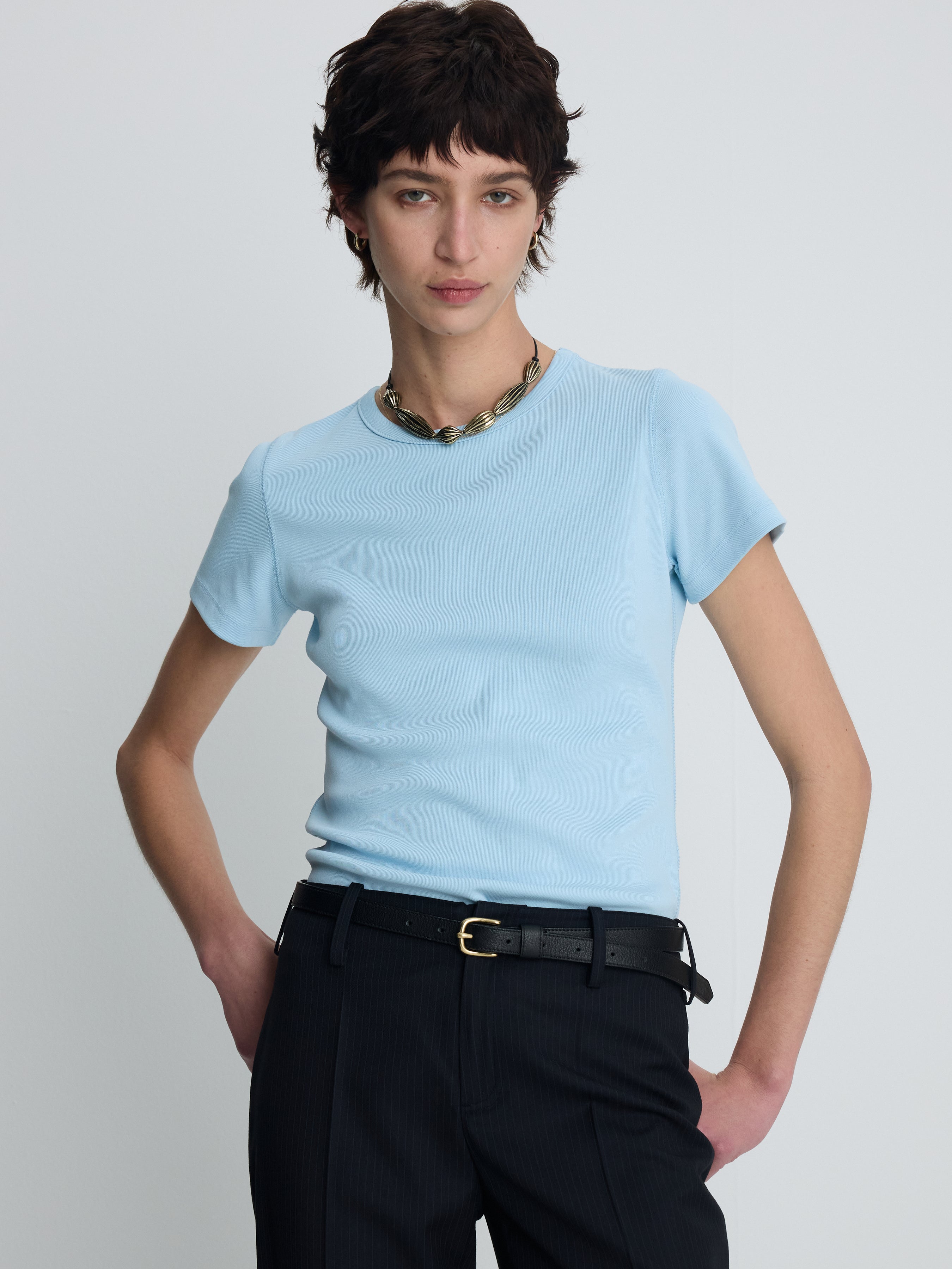 (W) RIBBED HALF SLEEVE T-SHIRTS_ LIGHT BLUE