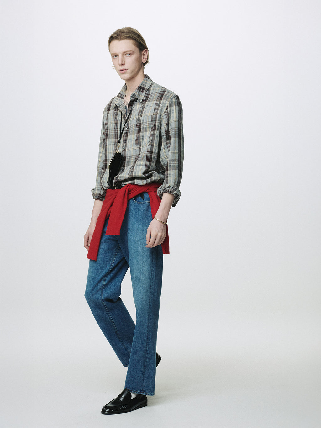 WASHED COTTON BLEND CHECK SHIRT_ GREY/BROWN