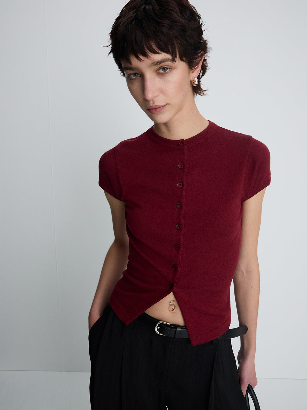 (W) SILK COTTON CAP SLEEVE CARDIGAN_ RED