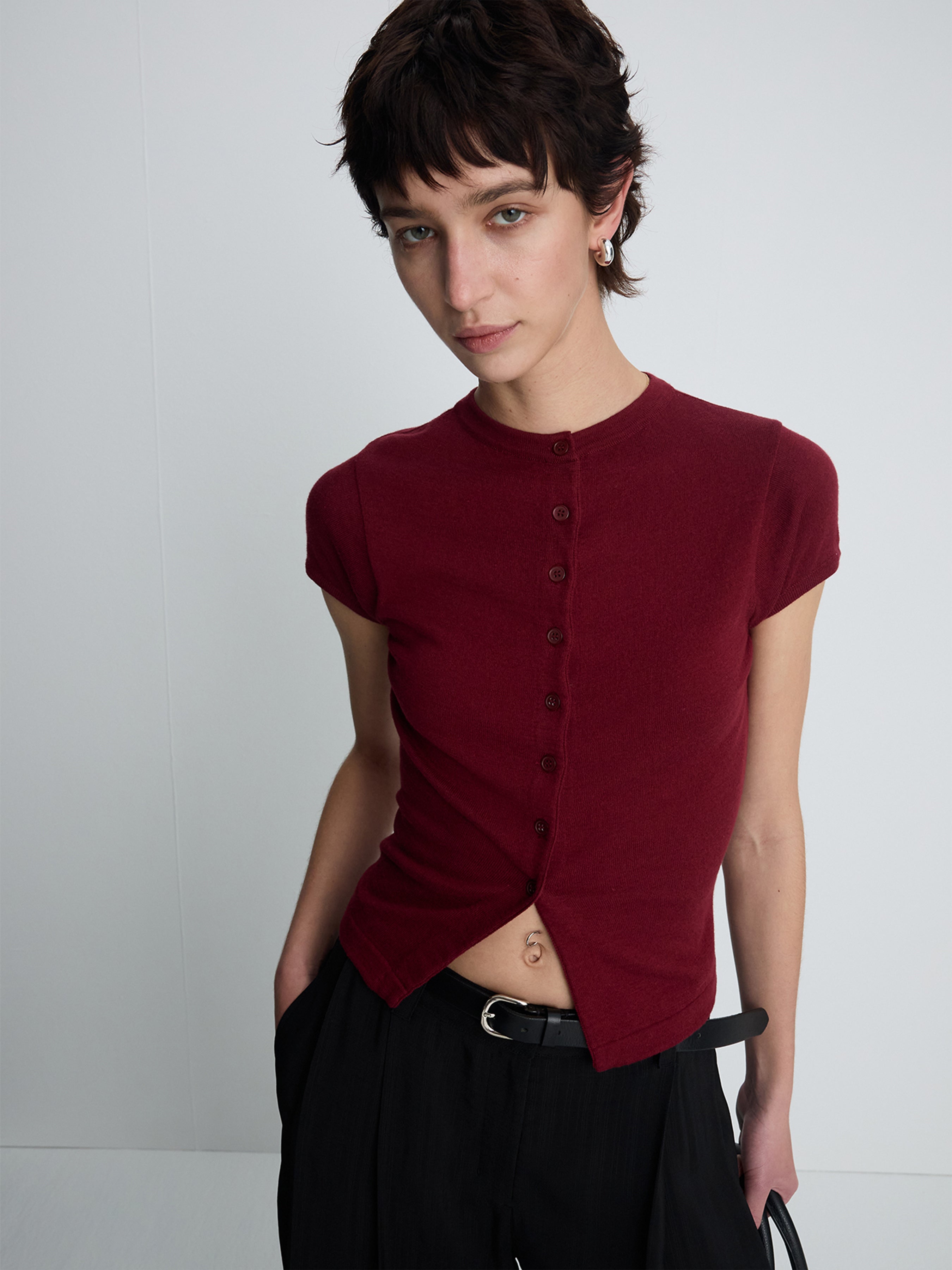 (W) SILK COTTON CAP SLEEVE CARDIGAN_ RED