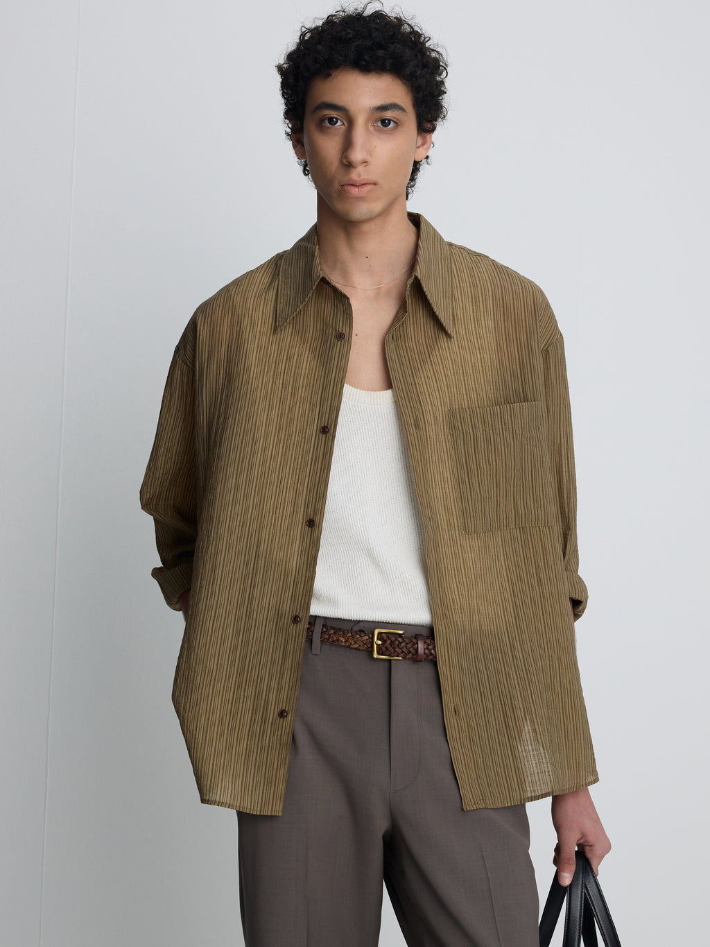 LYOCELL OVERSIZED STRIPE SHIRT_ OLIVE STRIPE