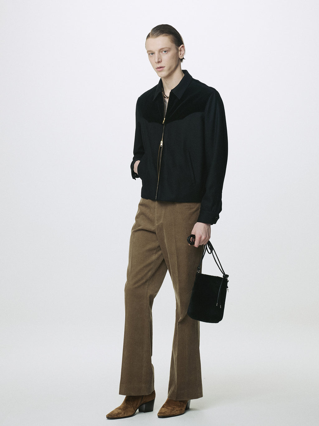 WOOL VELVET TRIMMED BLOUSON JACKET_ BLACK