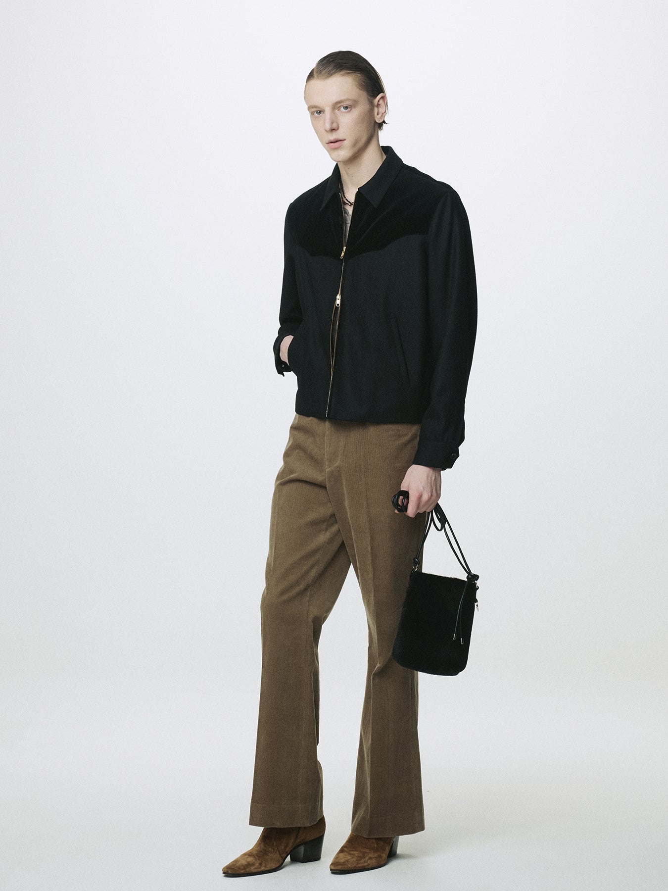 WOOL VELVET TRIMMED BLOUSON JACKET_ BLACK