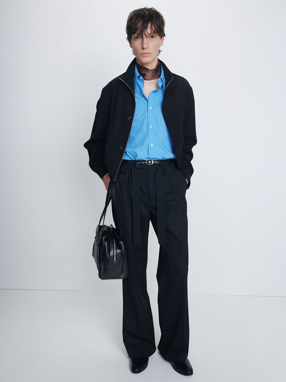 PINSTRIPED WOOL BELTED TROUSERS_ BLACK PINSTRIPE