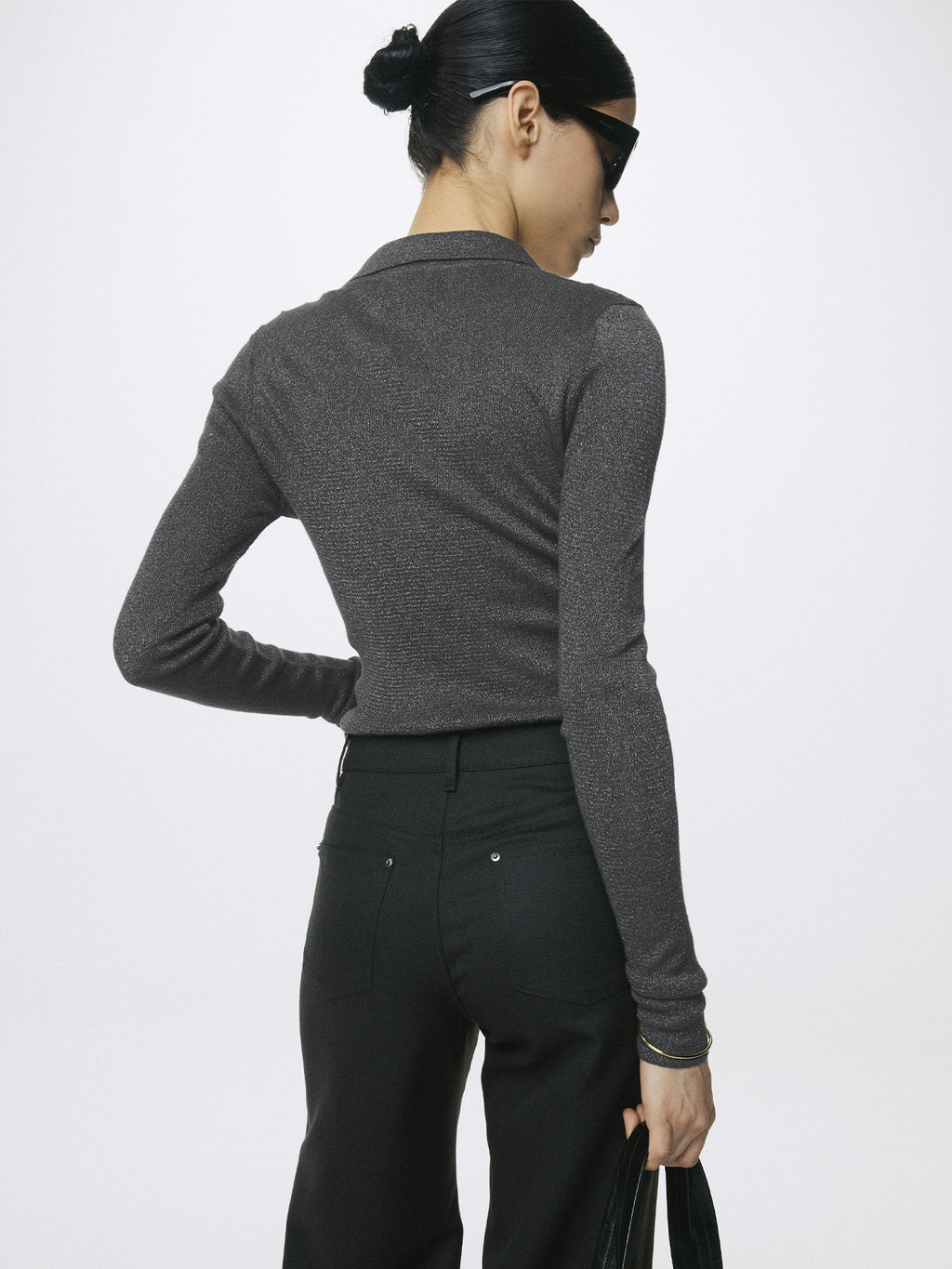 (W) GLITTER RIBBED KNIT POLO SHIRT_ CHARCOAL
