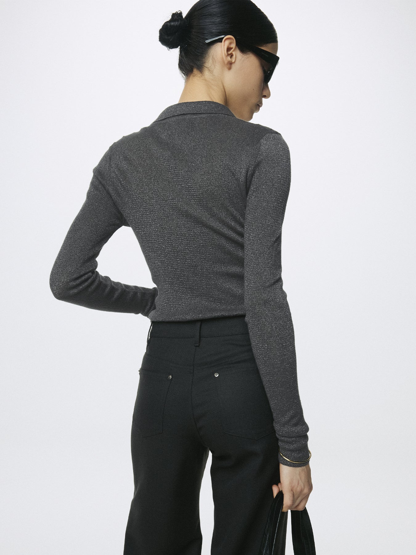 (W) GLITTER RIBBED KNIT POLO SHIRT_ CHARCOAL