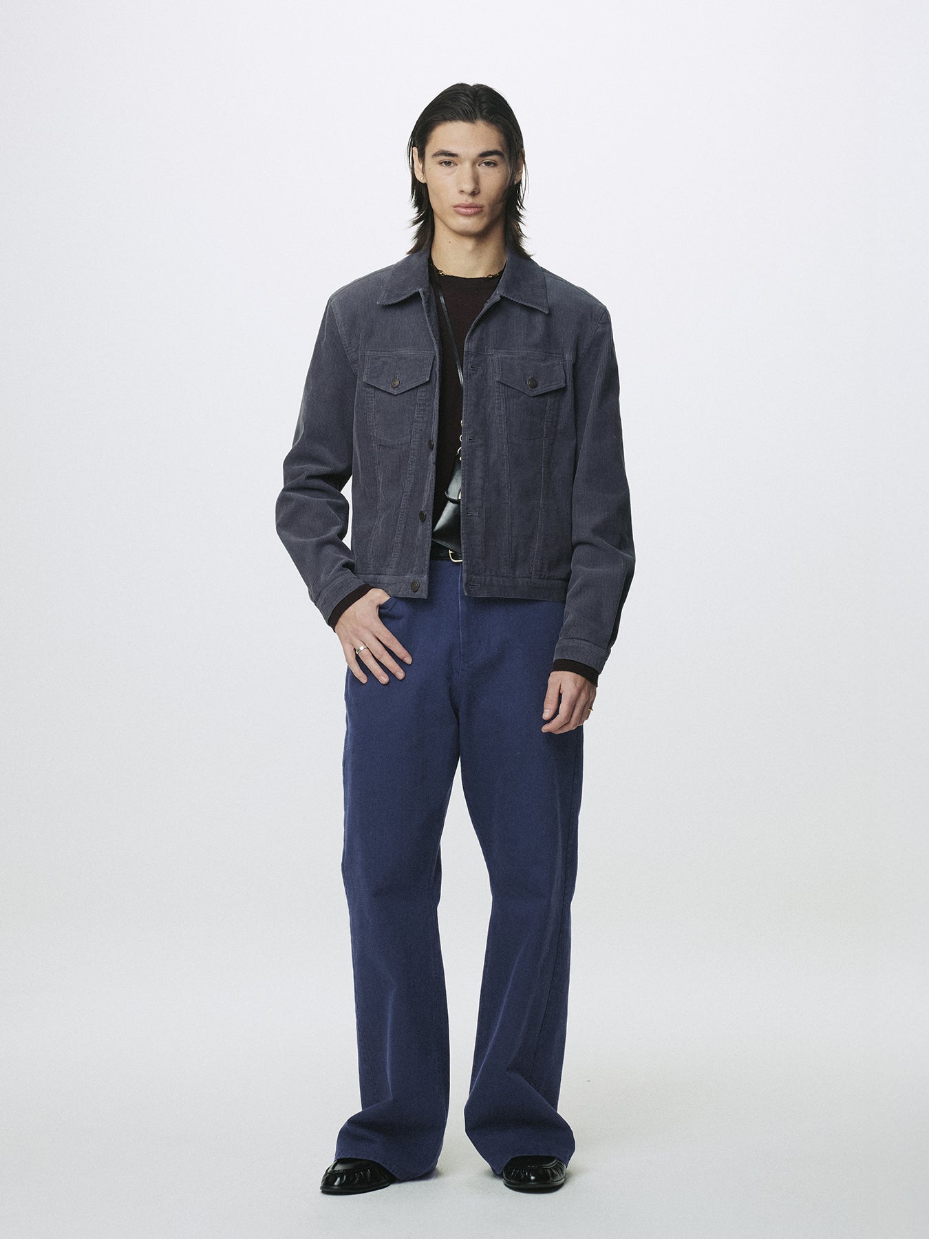 WASHED COTTON TWILL LOOSE FLARED JEANS_ PURPLE BLUE