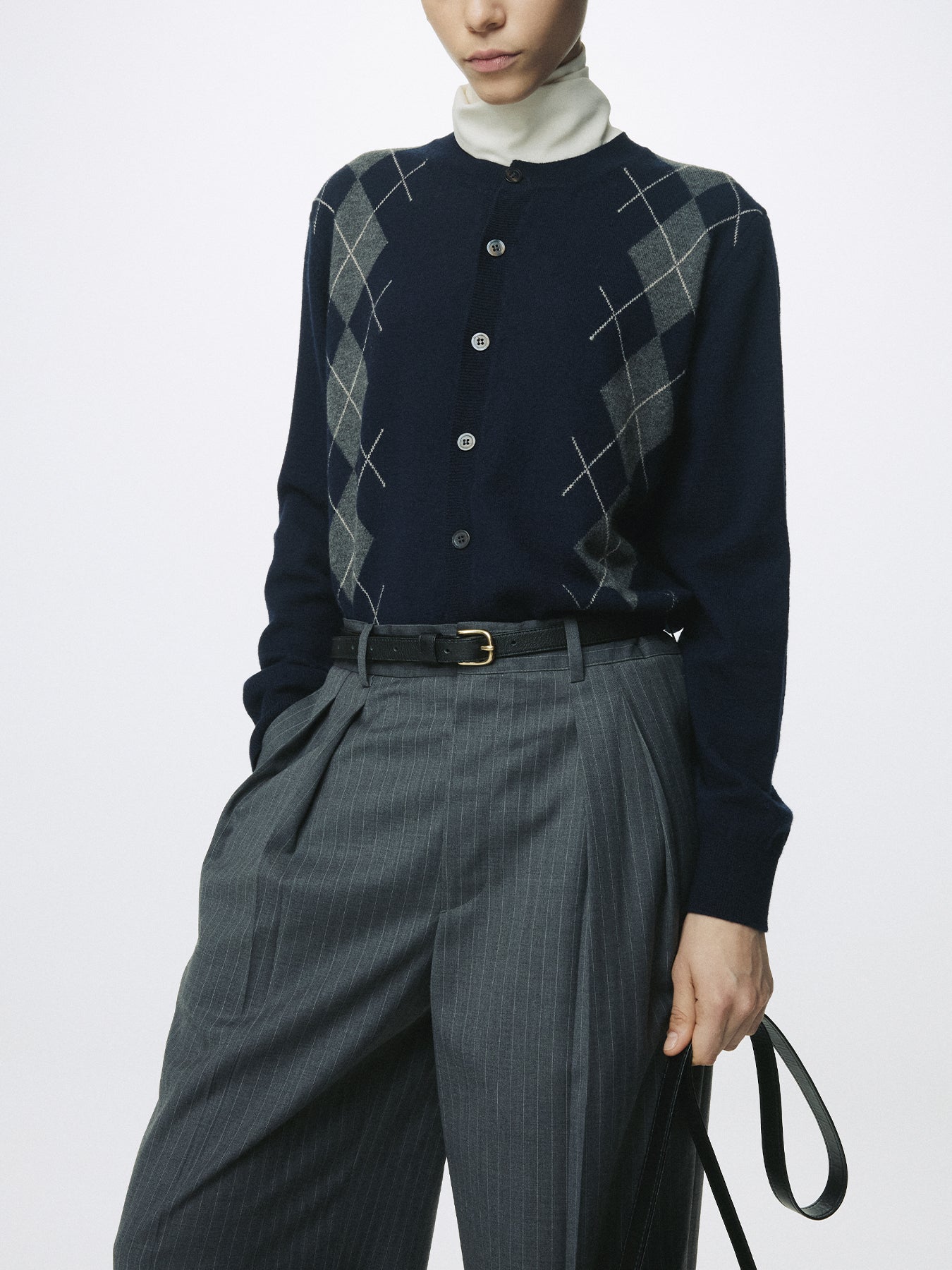 (W) MERINO WOOL ARGYLE CARDIGAN_ NAVY/GREY