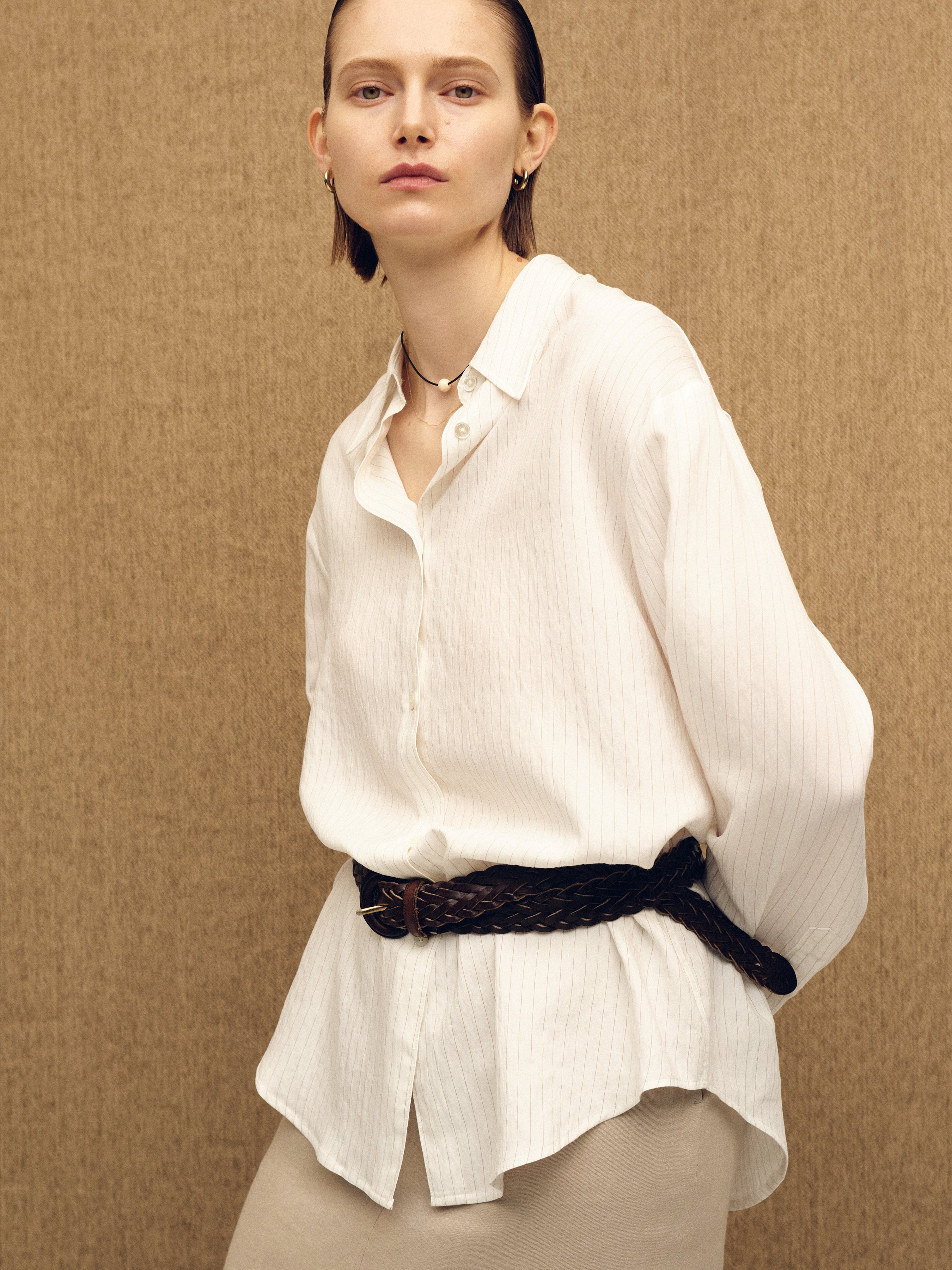 (W) AIRY STRIPED OVER SHIRT_ IVORY