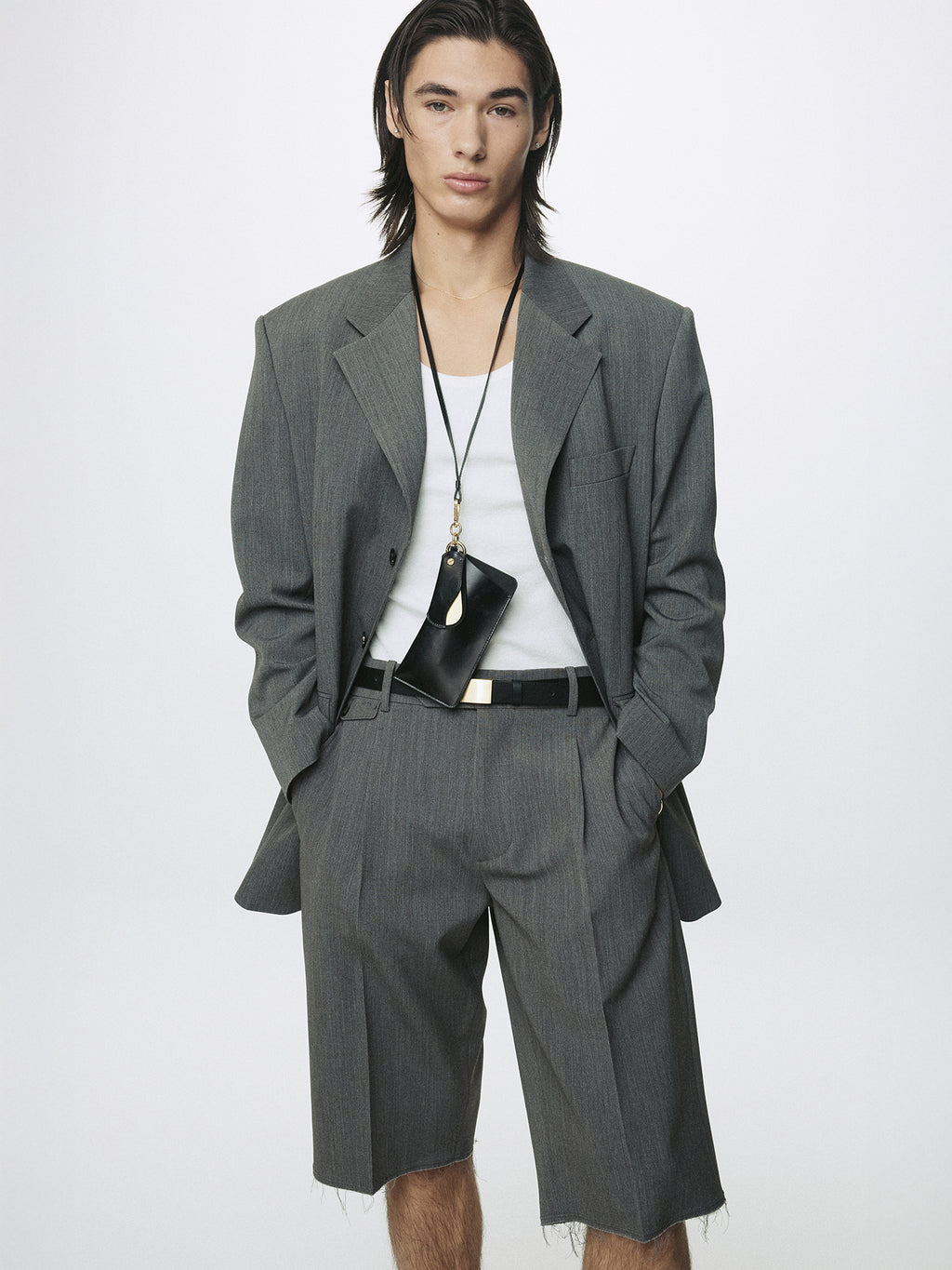 RAW-CUT WOOL PLEATED TAILORED SHORTS_ MELANGE GREY
