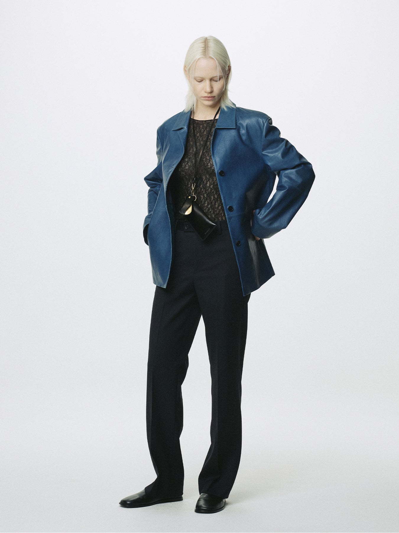 (W) VEGETABLE TANNED LAMB LEATHER OPEN COLLAR JACKET_ MID BLUE