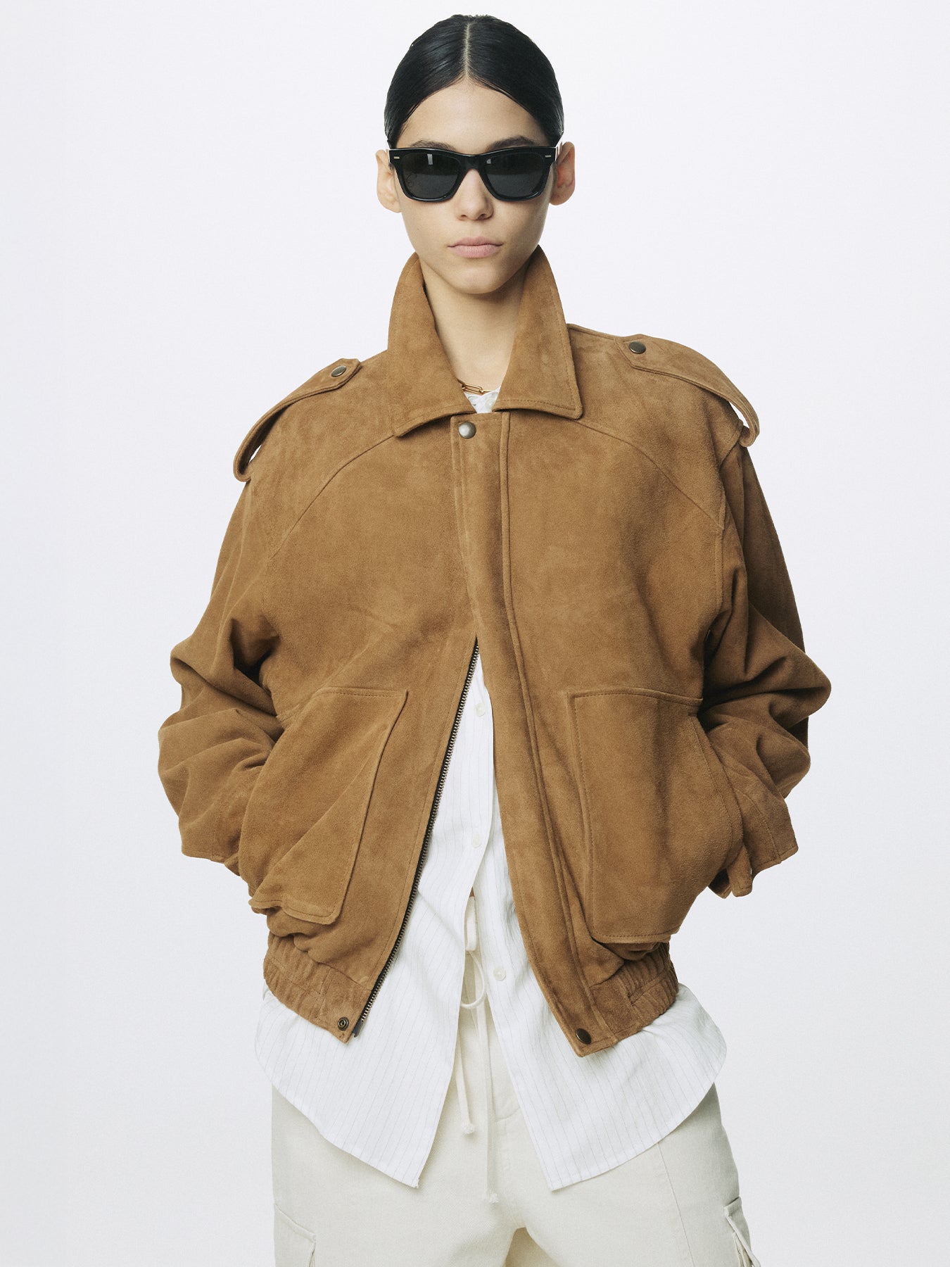 (W) GOAT SUEDE BOMBER JACKET_ CAMEL
