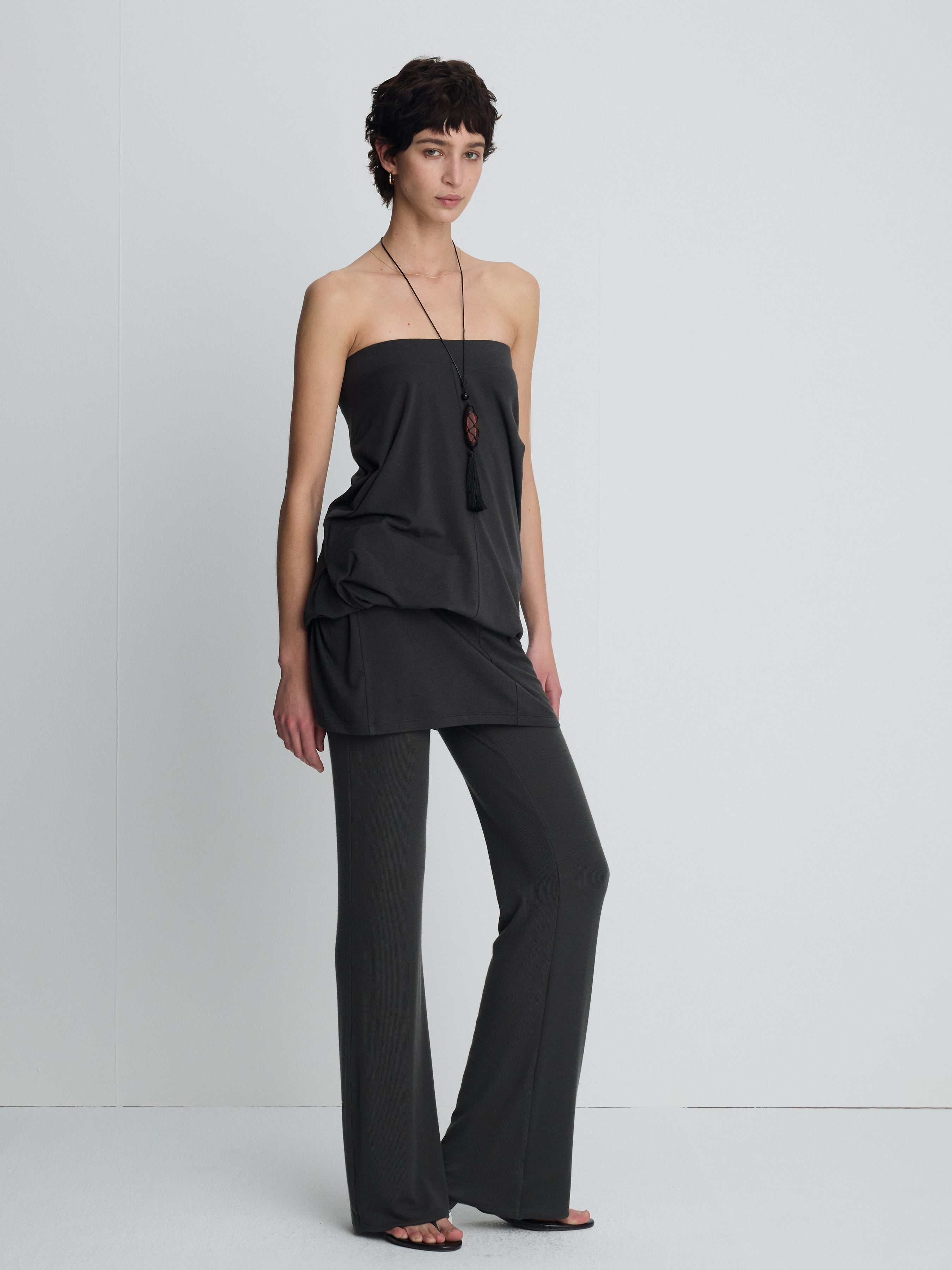 (W) TENCEL RIBBED FLARED PANTS_ OLIVE CHARCOAL