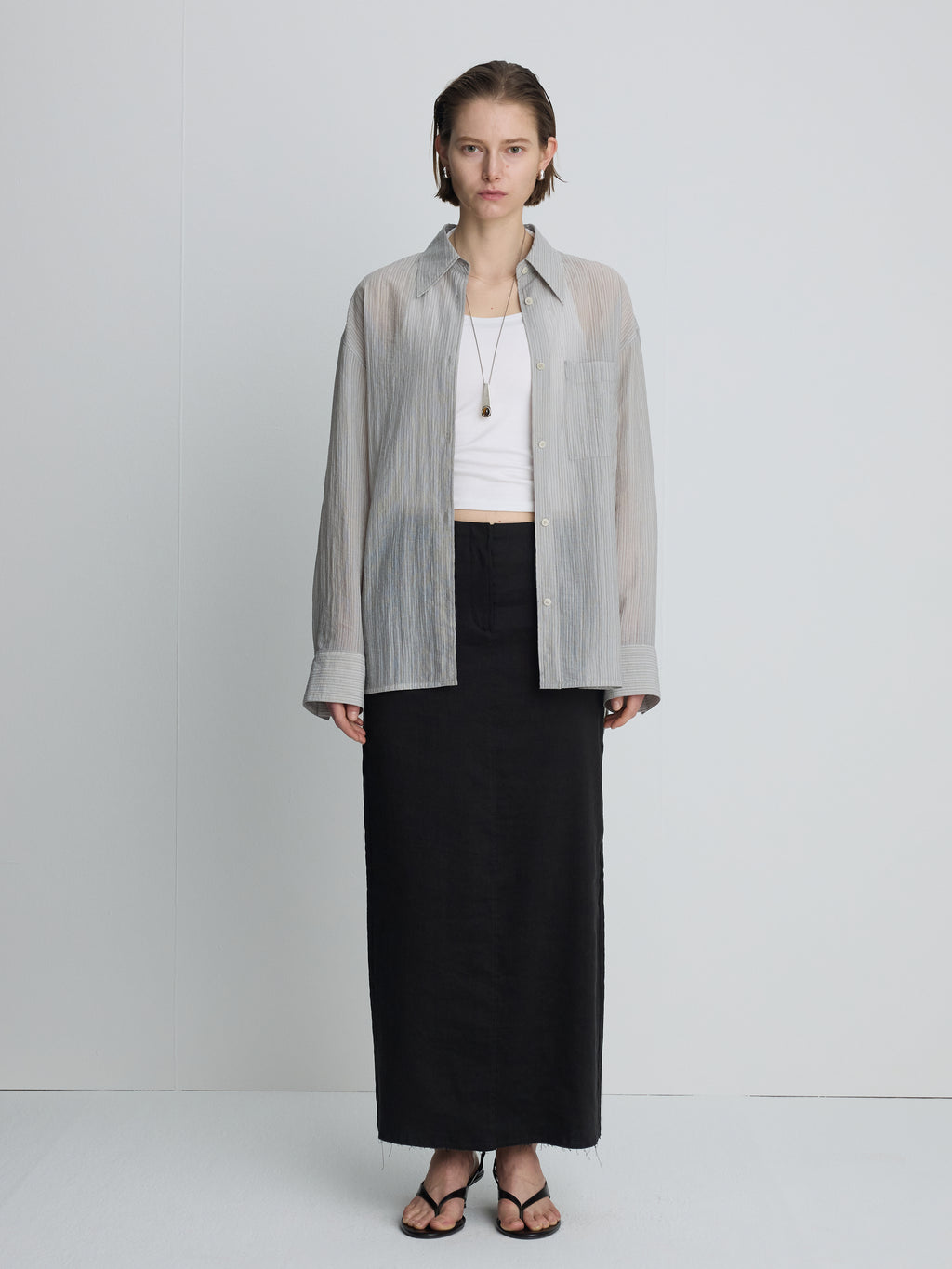 (W) LYOCELL OVERSIZED STRIPE SHIRT_ GREY