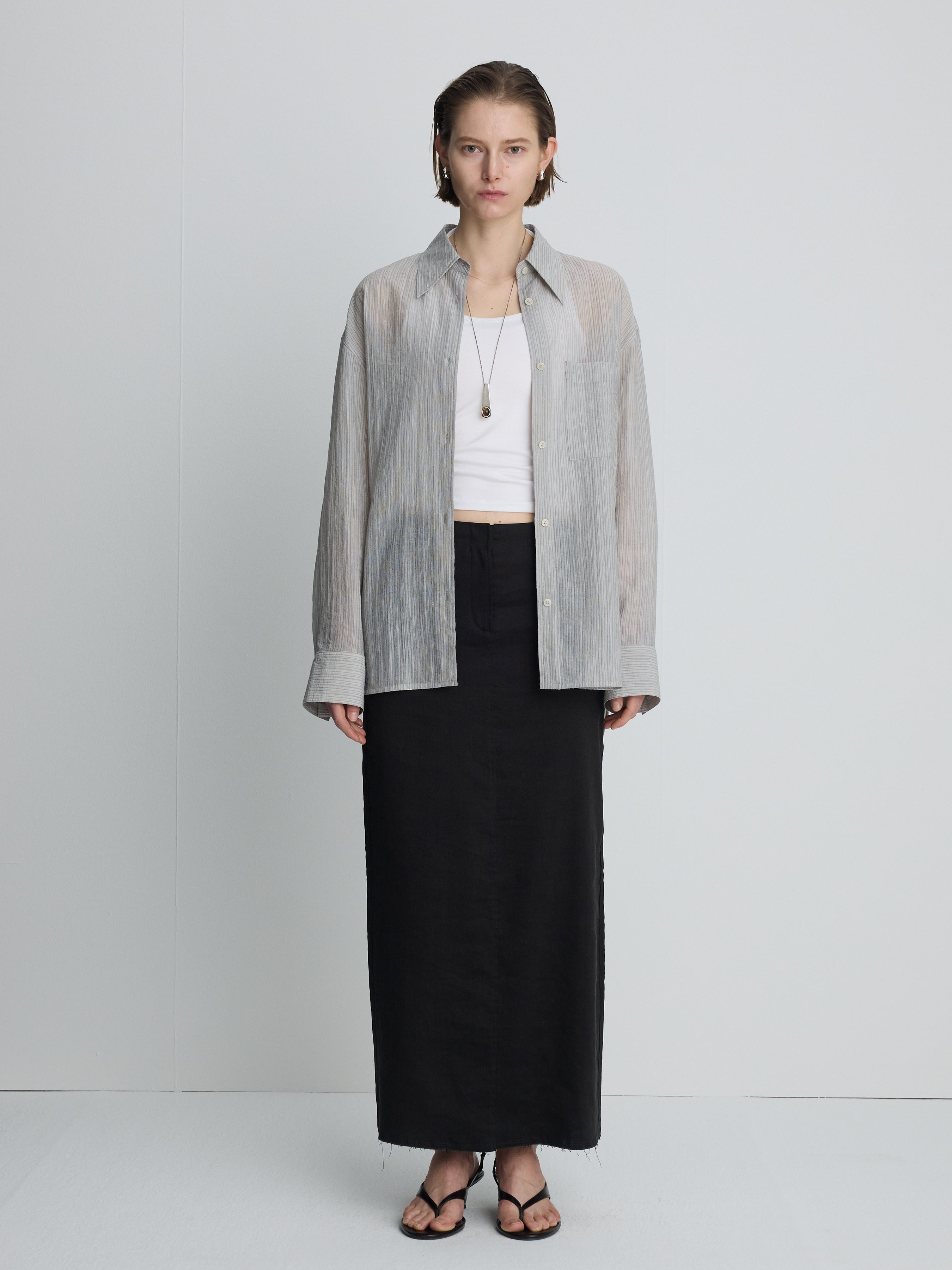 (W) LYOCELL OVERSIZED STRIPE SHIRT_ GREY
