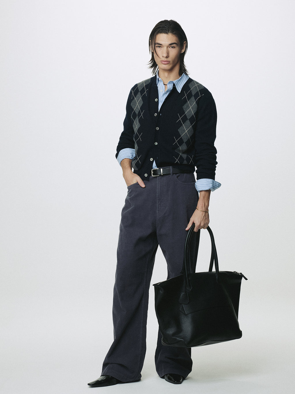 MERINO WOOL ARGYLE CARDIGAN_ NAVY/GREY