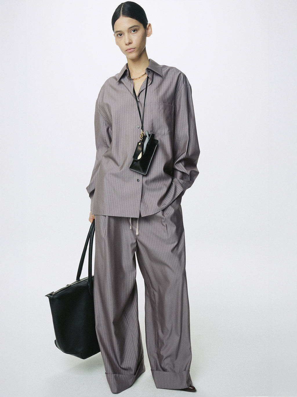 (W) SILK WOOL OVERSIZED RAW EDGE SHIRT_ DARK GREY STRIPE
