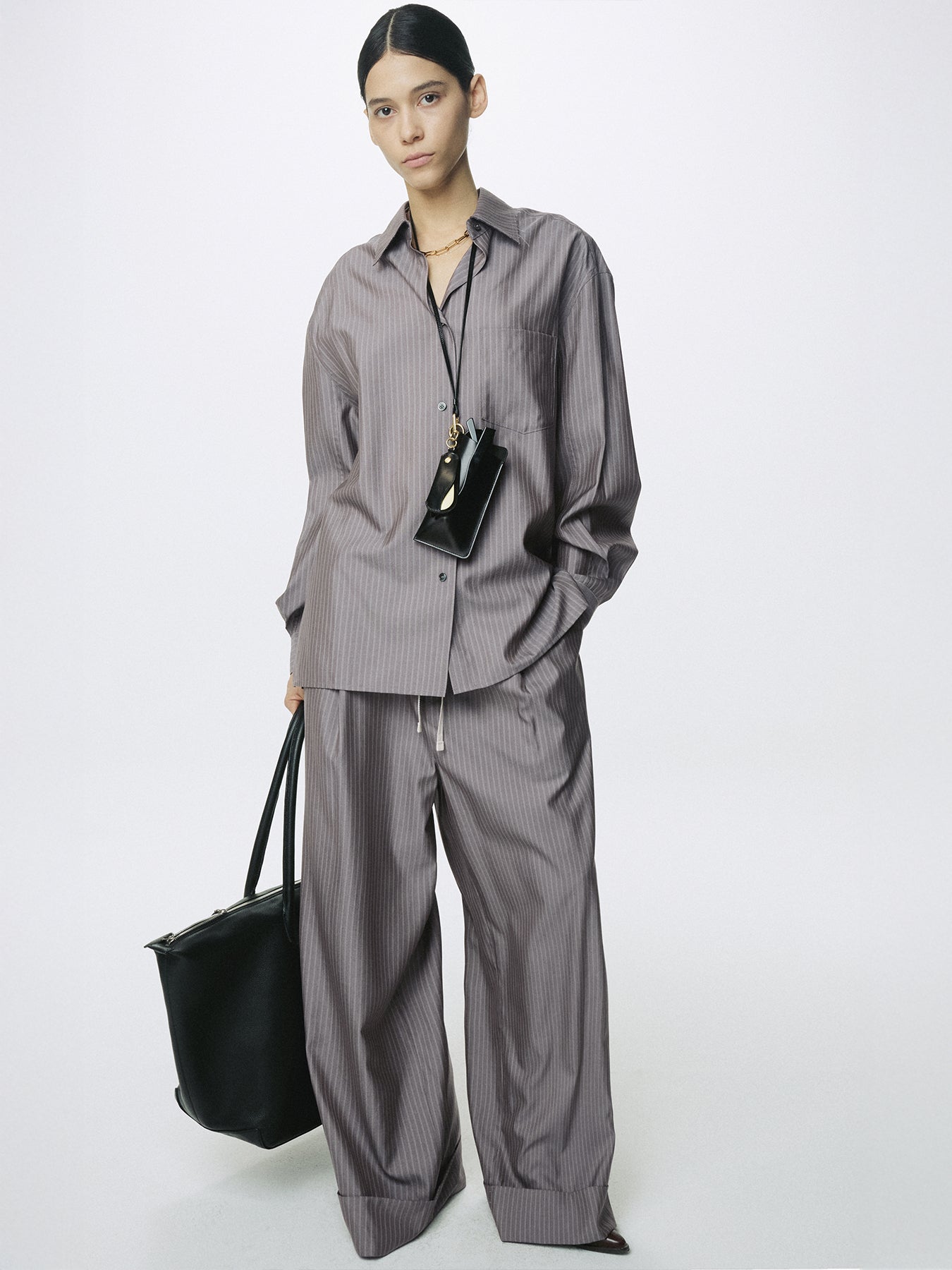 (W) SILK WOOL OVERSIZED RAW EDGE SHIRT_ DARK GREY STRIPE