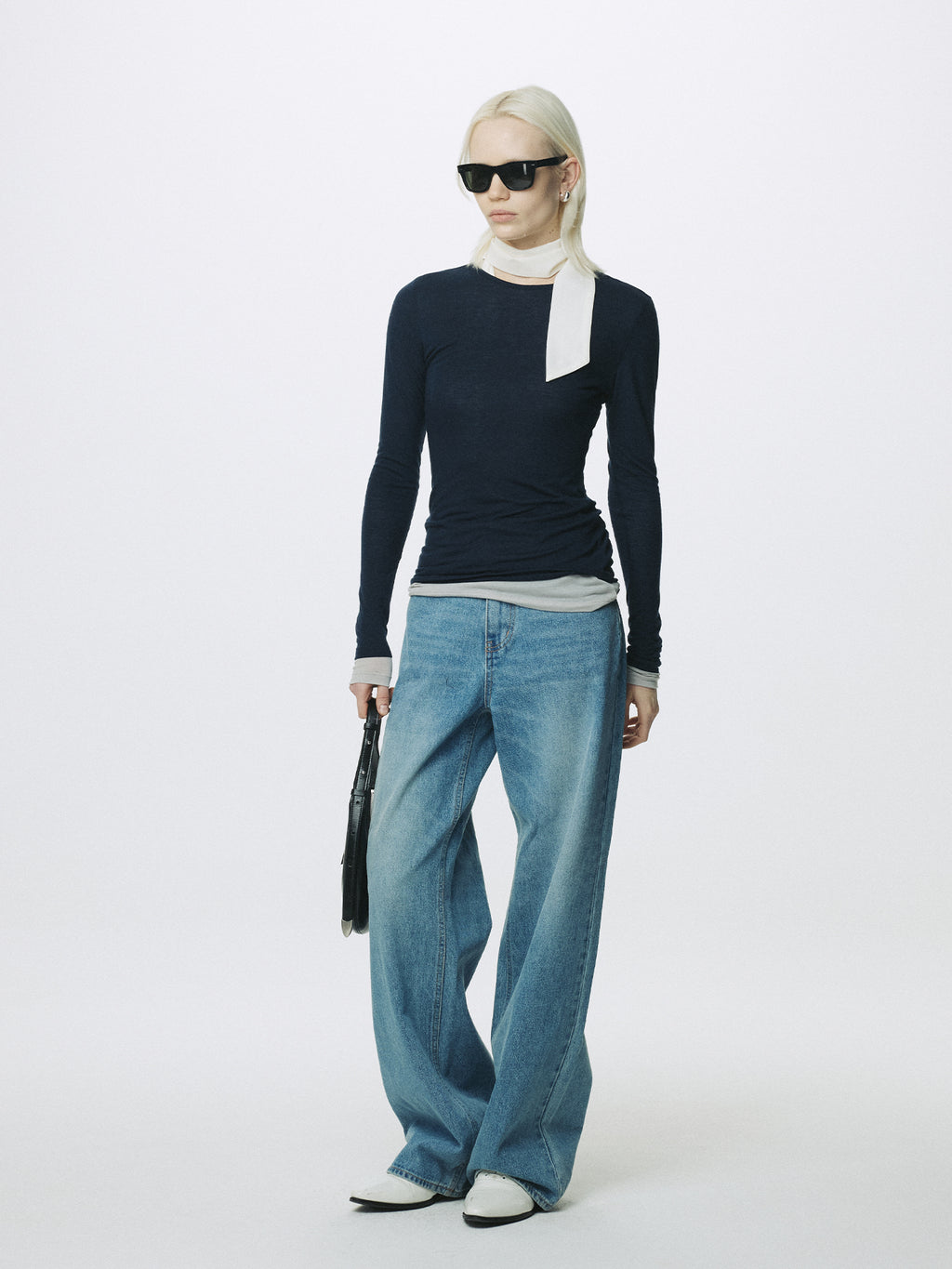 (W) TENCEL LAYERED LONG SLEEVE_ NAVY/GREY