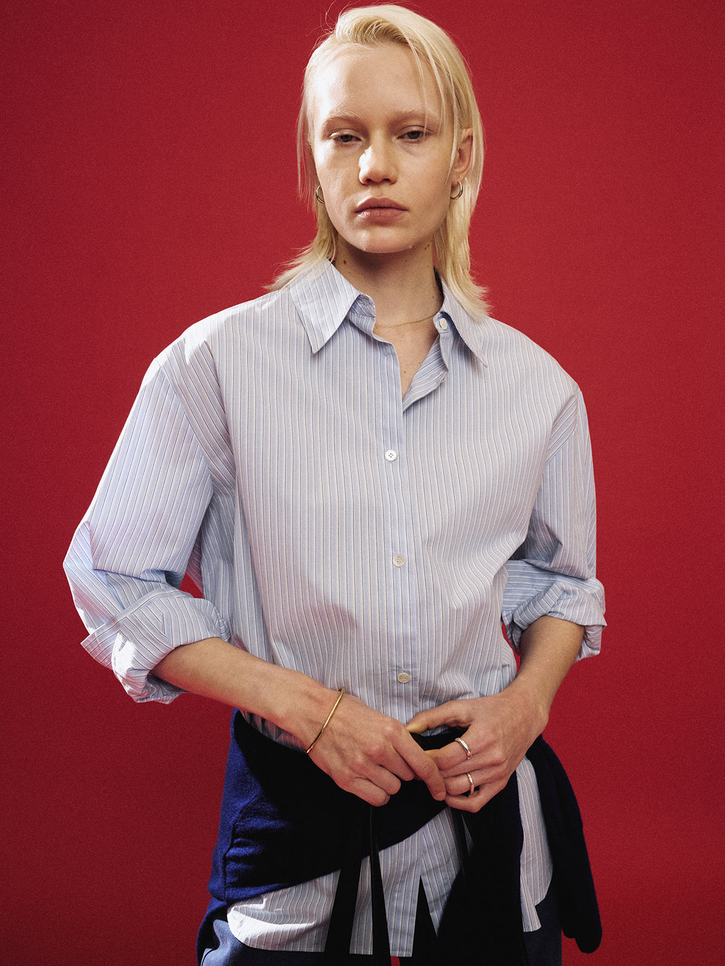 (W) STRIPED COTTON OVER SHIRT_ BLUE