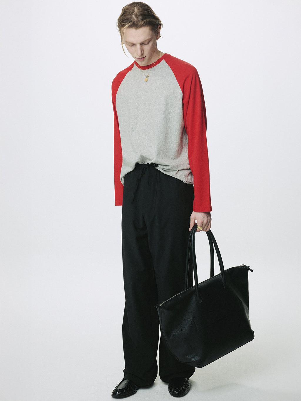WASHED COTTON BASEBALL LONG SLEEVE_ MELANGE GREY/RED
