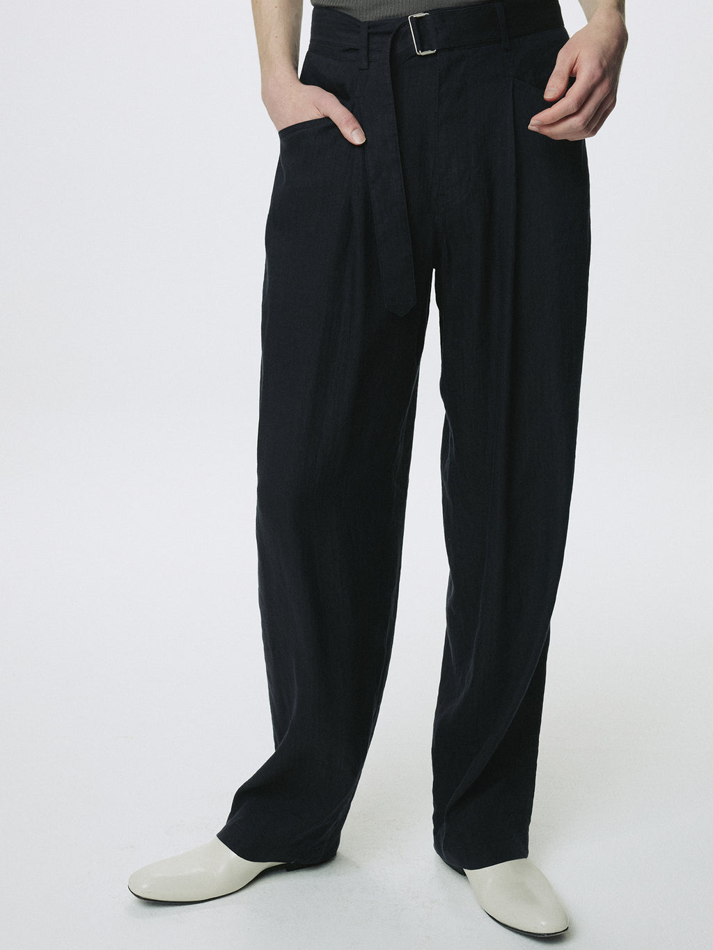 WASHED LINEN BELTED PANTS (ITALIAN FABRIC)_ DARK NAVY
