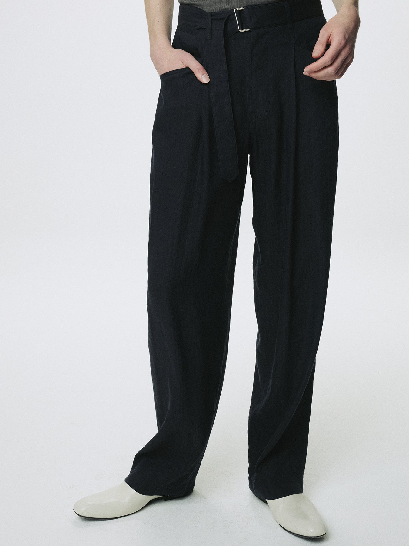 WASHED LINEN BELTED PANTS (ITALIAN FABRIC)_ DARK NAVY