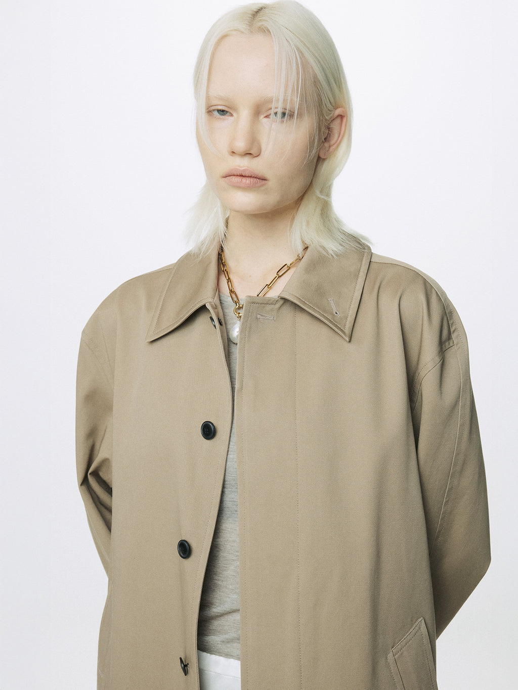 (W) COTTON DRILL SINGLE-BREASTED OVERCOAT_ BEIGE