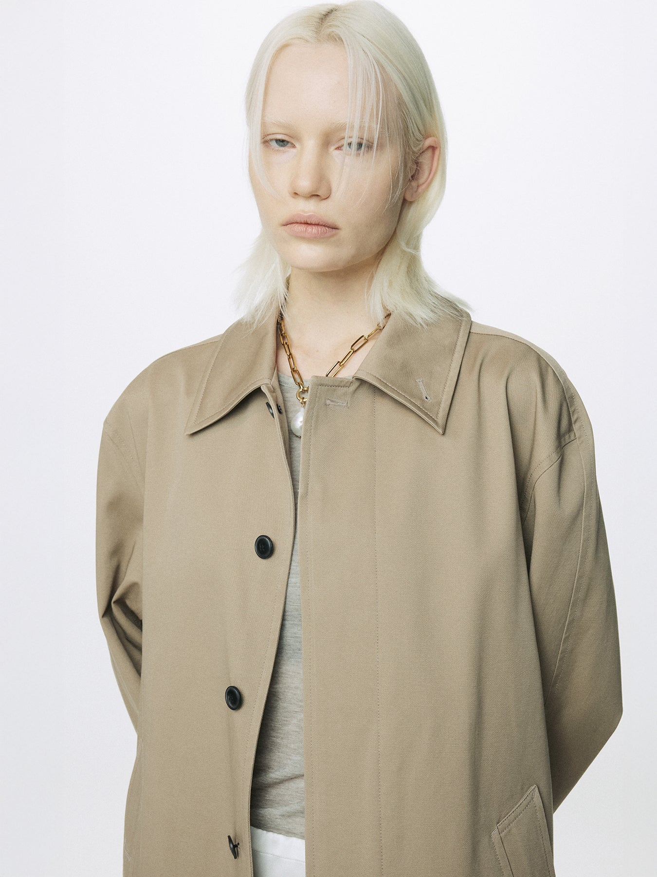 (W) COTTON DRILL SINGLE-BREASTED OVERCOAT_ BEIGE