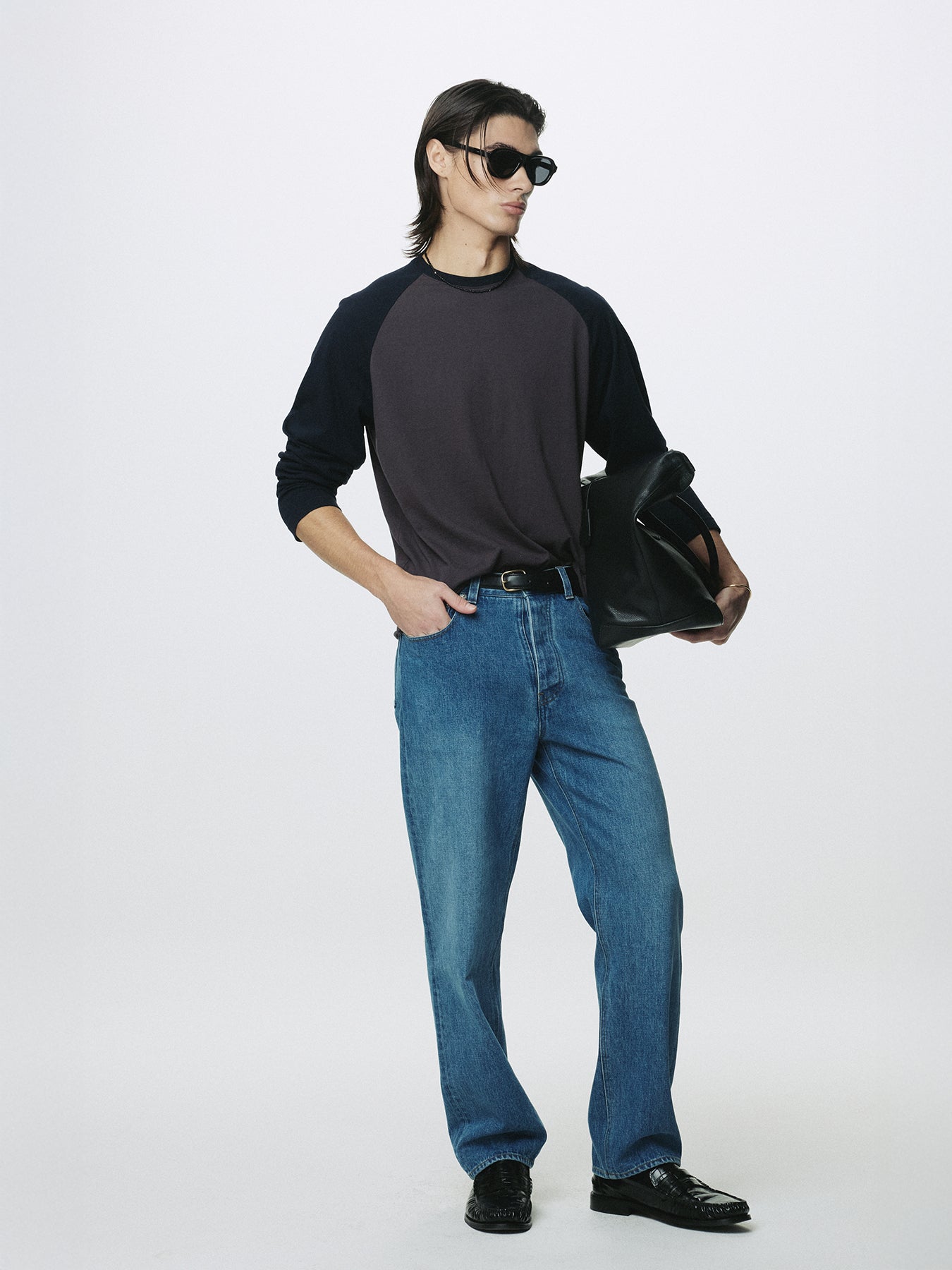 WASHED COTTON BASEBALL LONG SLEEVE_ CARBON/NAVY