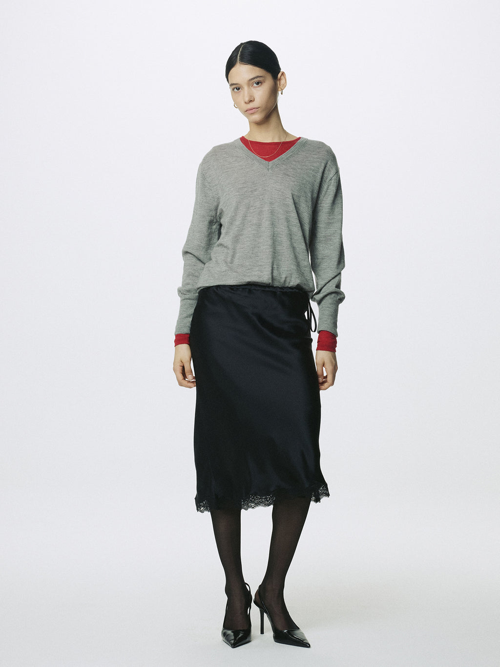 (W) SILK MIDI SKIRT_ BLACK