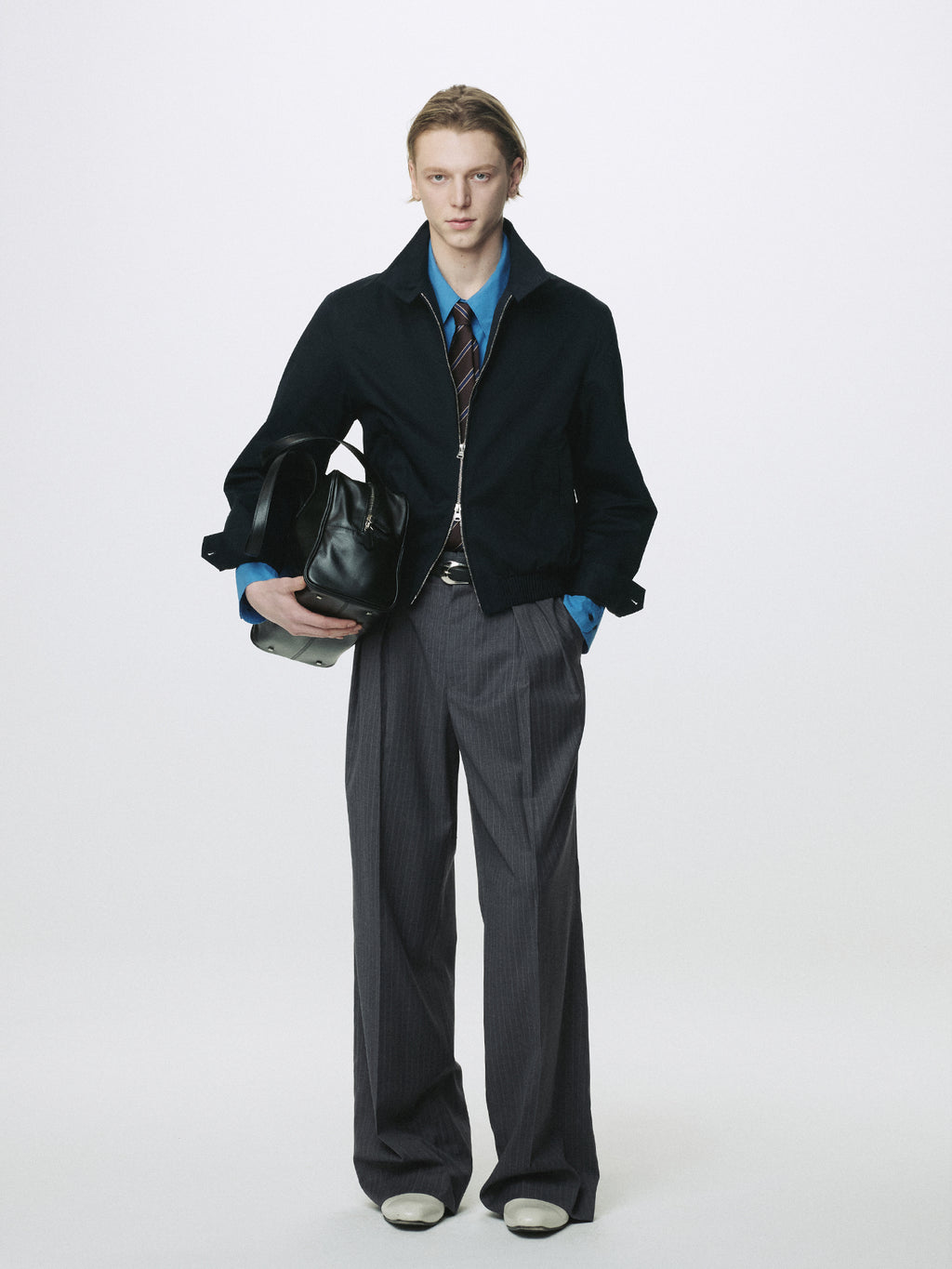 STRIPED WOOL DOUBLE-PLEATED WIDE TROUSERS_ GREY STRIPE
