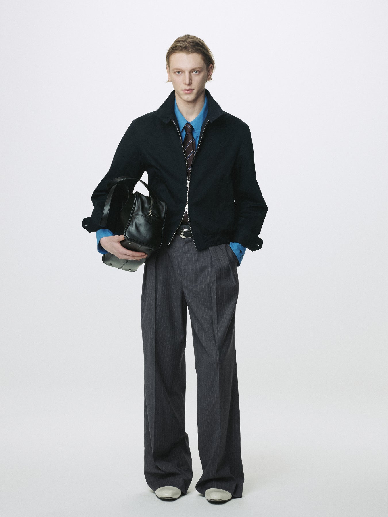 STRIPED WOOL DOUBLE-PLEATED WIDE TROUSERS_ GREY STRIPE