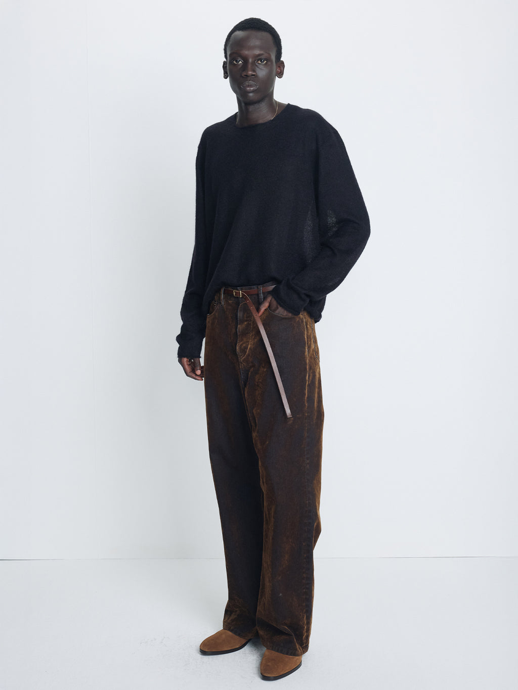 FLOCKED DENIM LOOSE FLARED PANTS_ BROWN