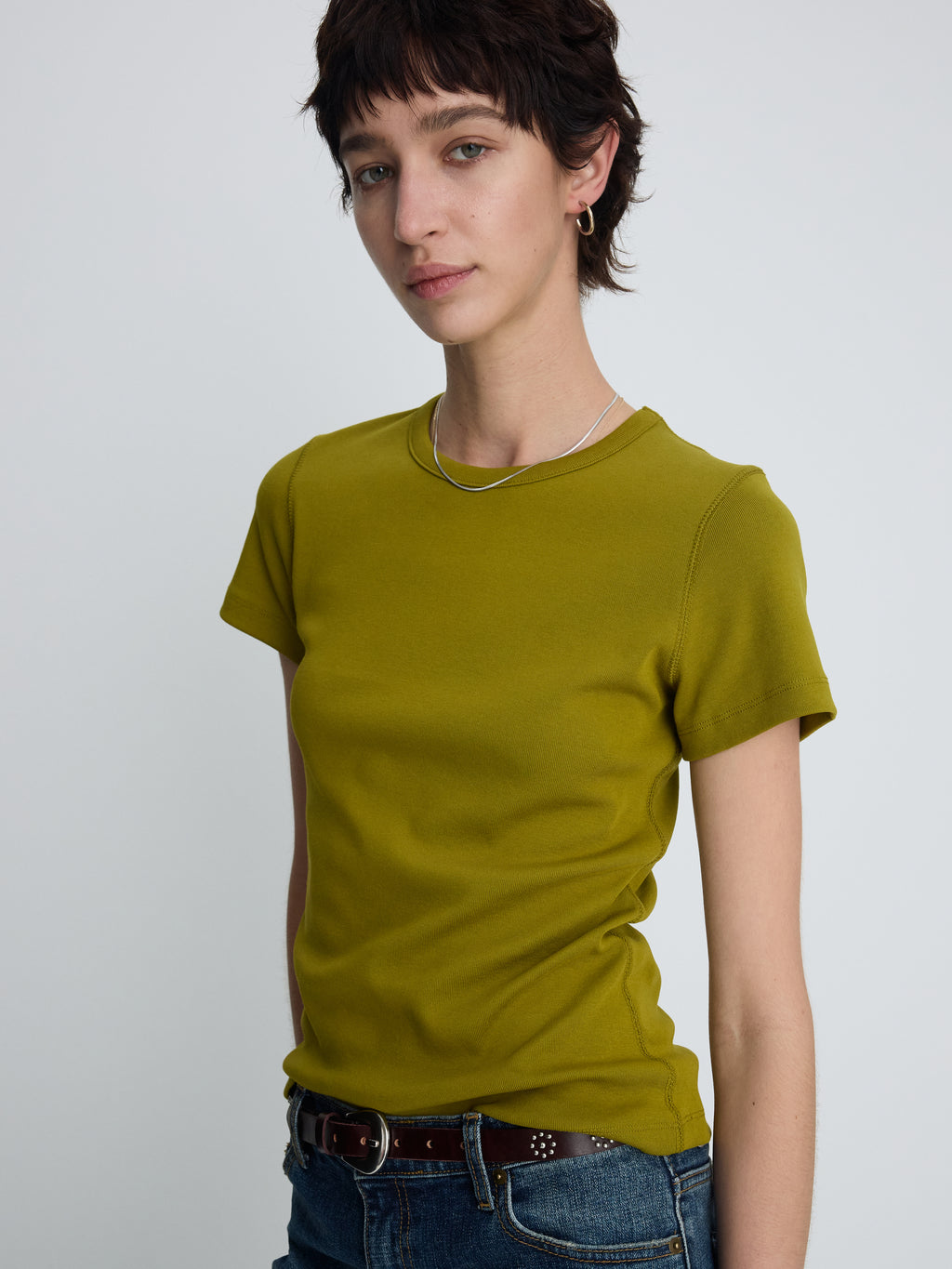 (W) RIBBED HALF SLEEVE T-SHIRTS_ OLIVE