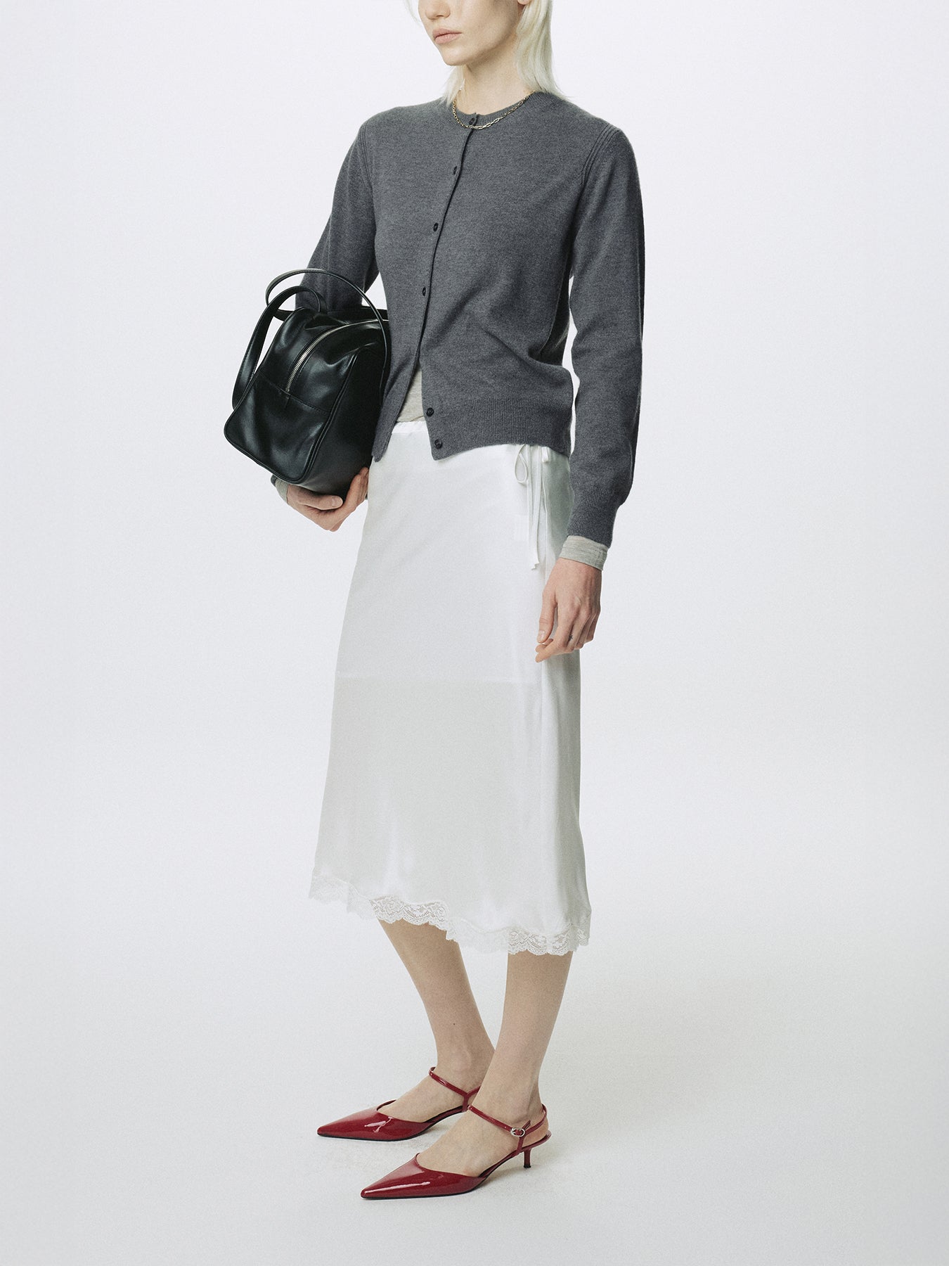 (W) SILK MIDI SKIRT_ OFF WHITE