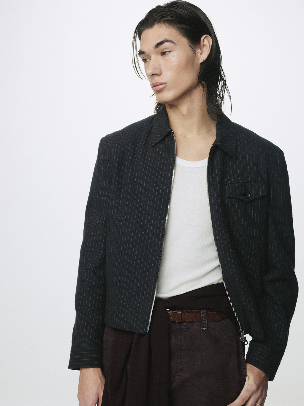 WASHED STRIPED WOOL COTTON BLOUSON_ WASHED  BLACK