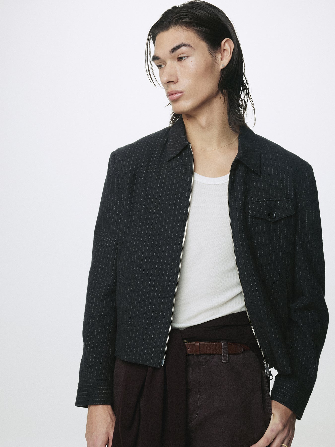 WASHED STRIPED WOOL COTTON BLOUSON_ WASHED  BLACK