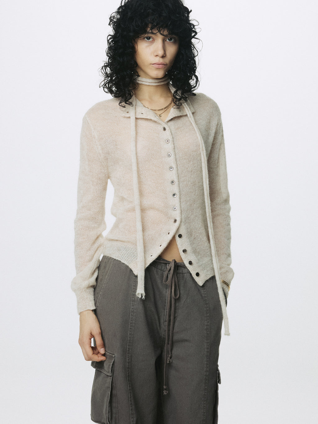 (W) COTTON DRAWSTRING CARGO TROUSERS_ PALE BROWN
