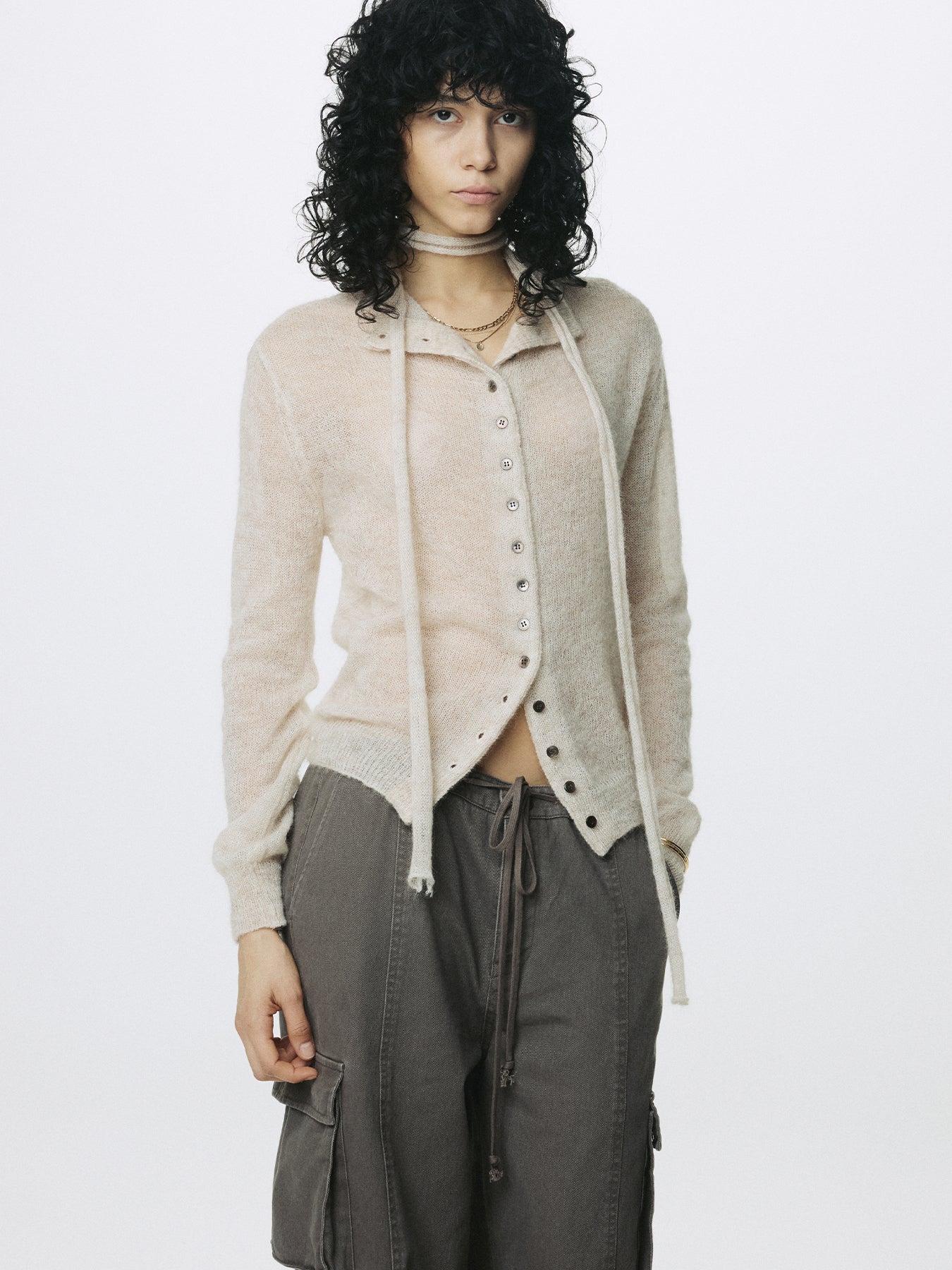 (W) COTTON DRAWSTRING CARGO TROUSERS_ PALE BROWN