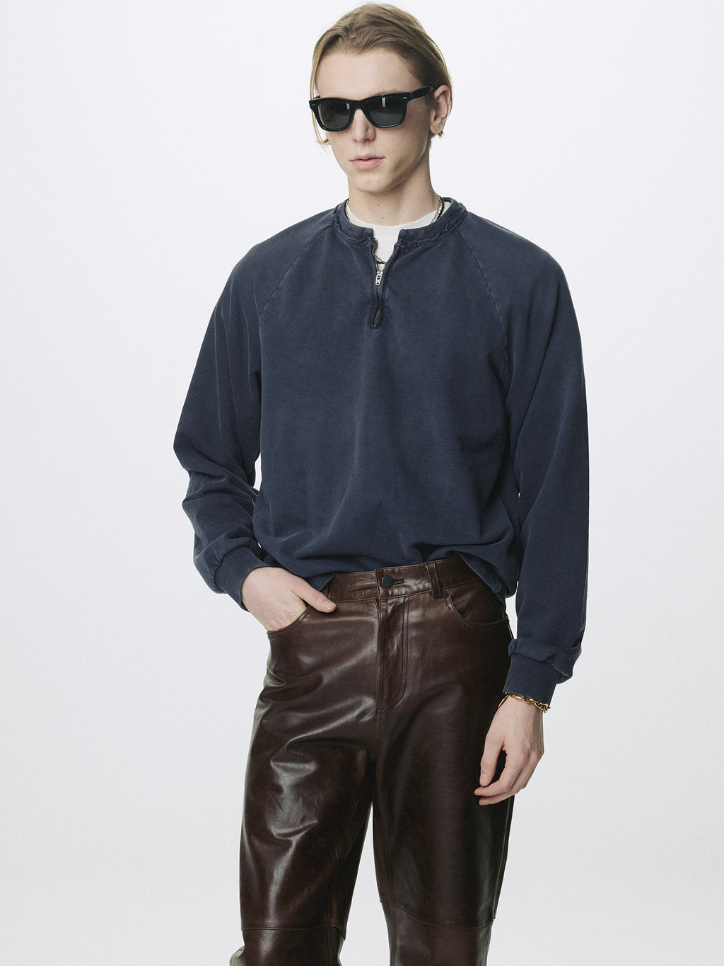 GARMENT DYED ZIP SWEATSHIRT_ FADED NAVY