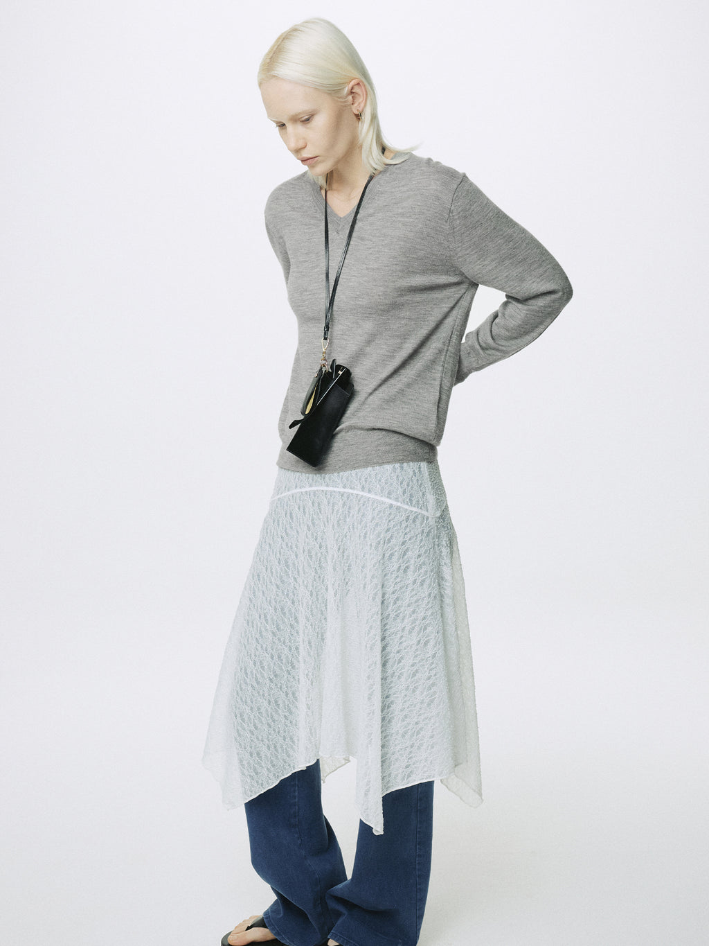 (W) AIRY CASHMERE V-NECK_ MELANGE GREY