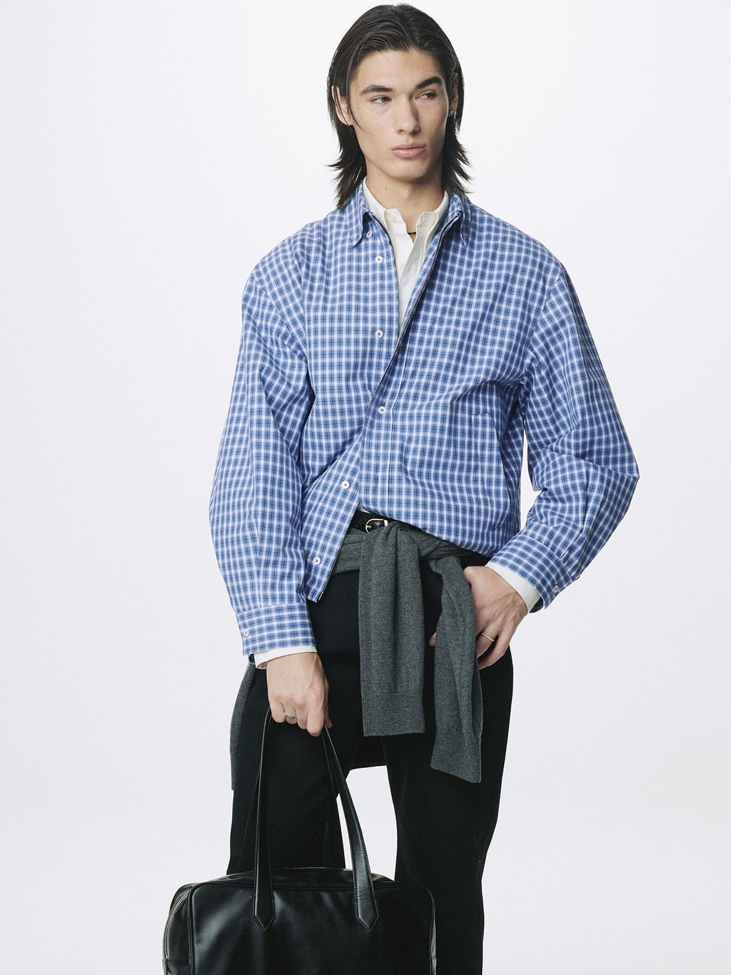 CHECKED COTTON BUTTON-DOWN BLOUSON_ BLUE
