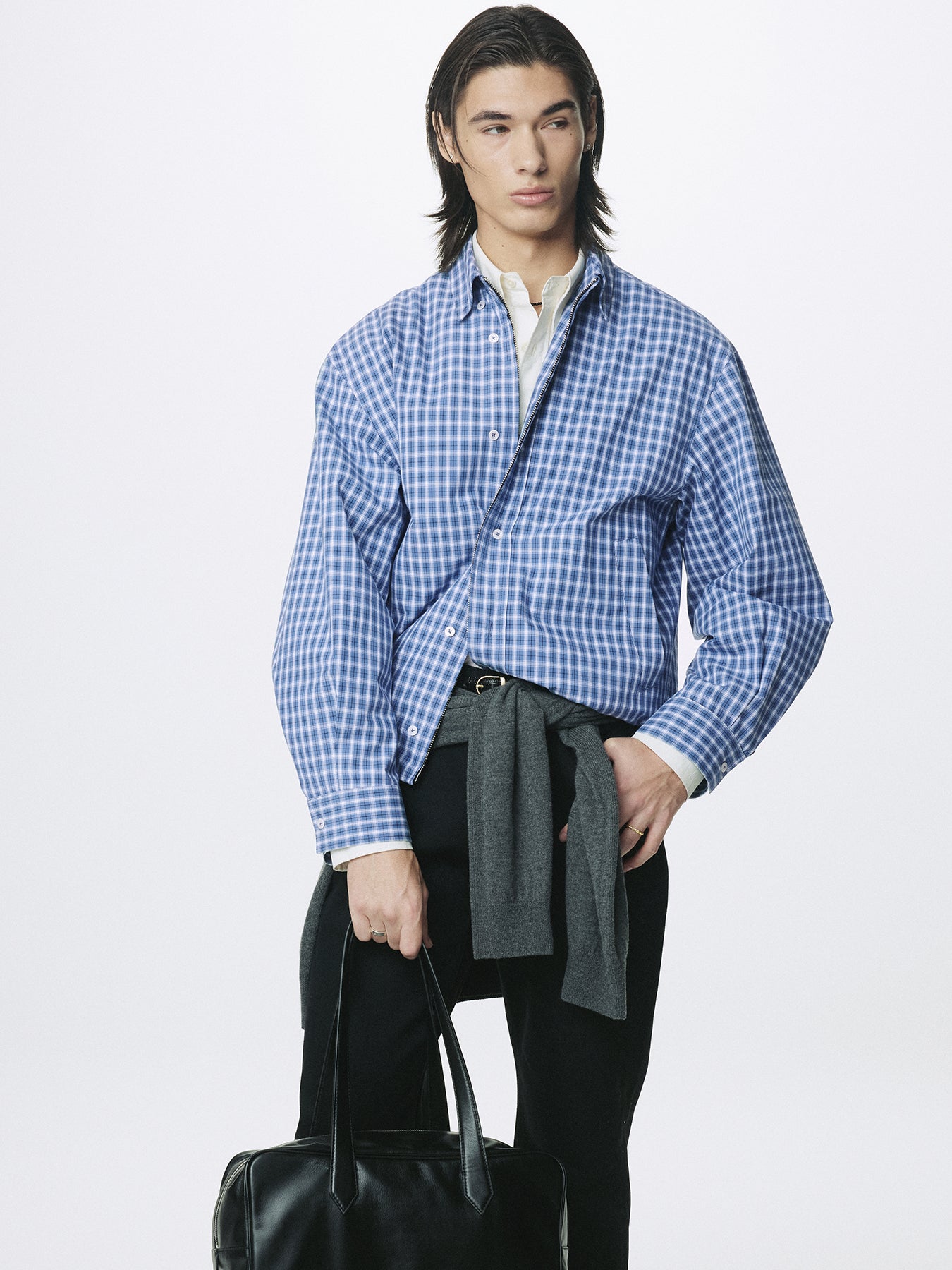CHECKED COTTON BUTTON-DOWN BLOUSON_ BLUE
