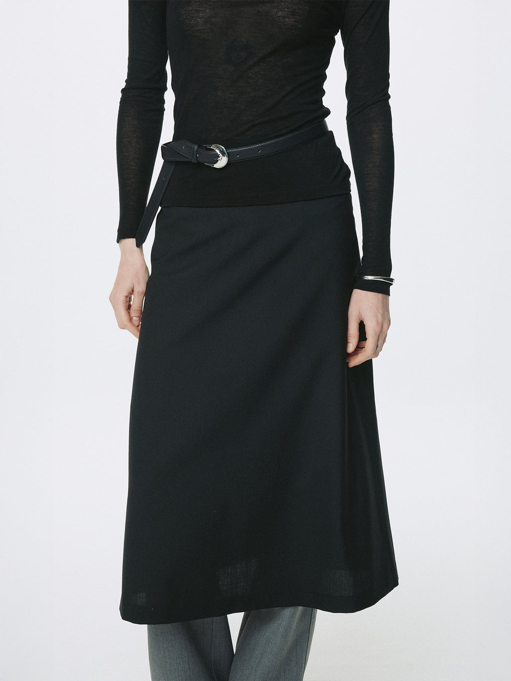 (W) WOOL MIDI SKIRT_ BLACK