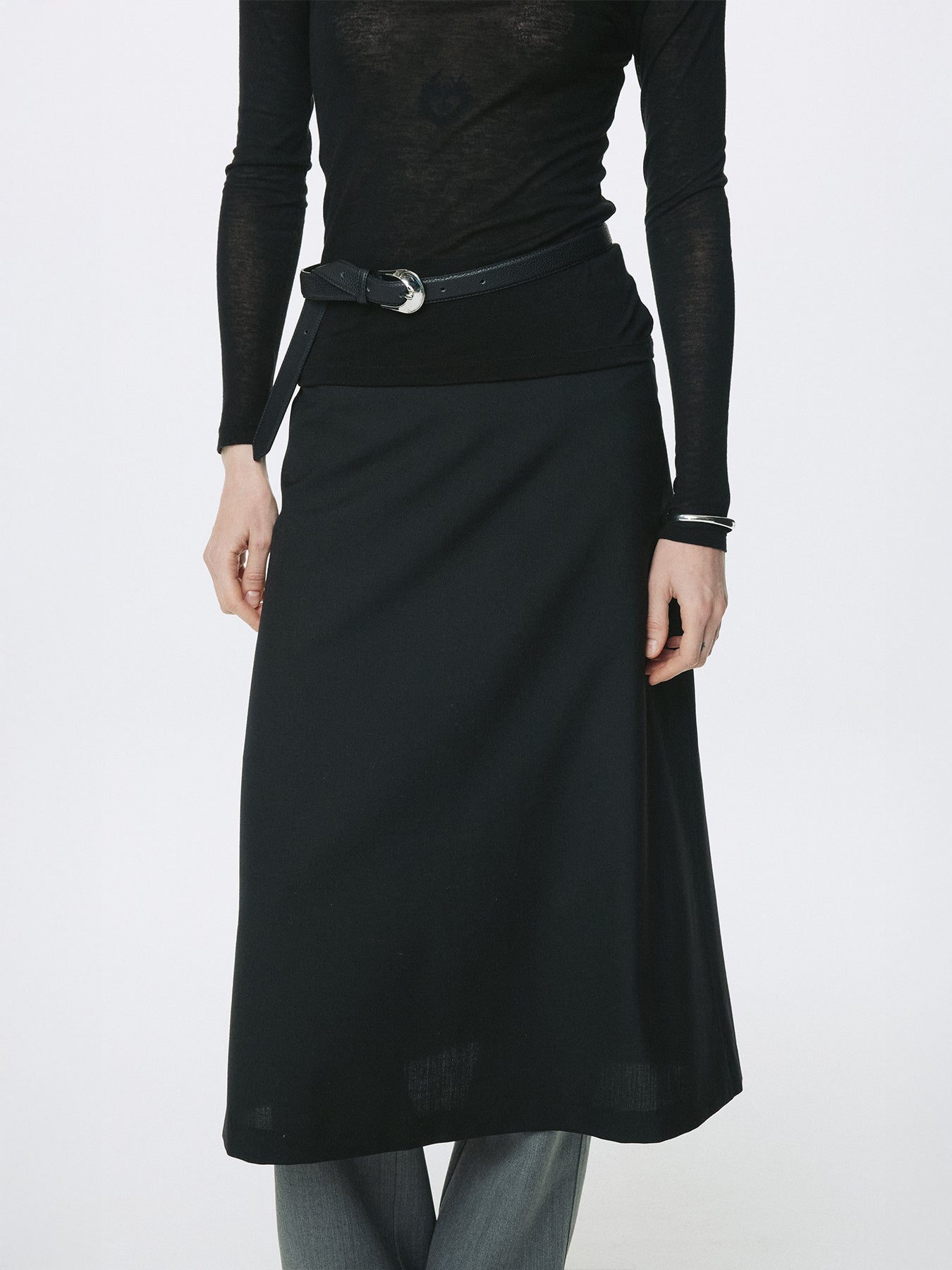 (W) WOOL MIDI SKIRT_ BLACK